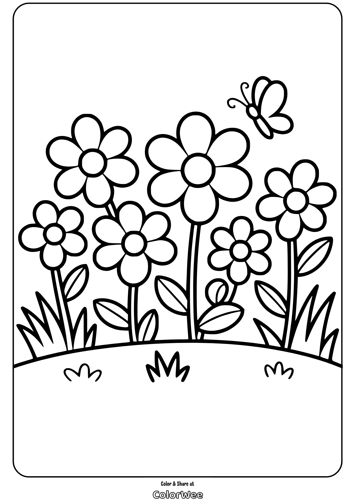 Coloring page of flowers and butterfly for kids.