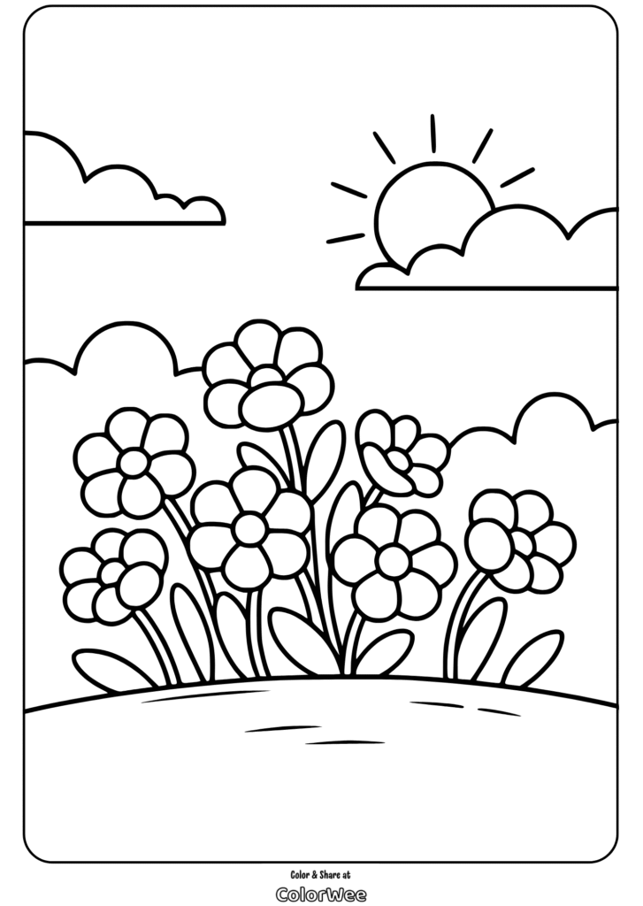 Spring flowers and sunshine coloring page for kids.