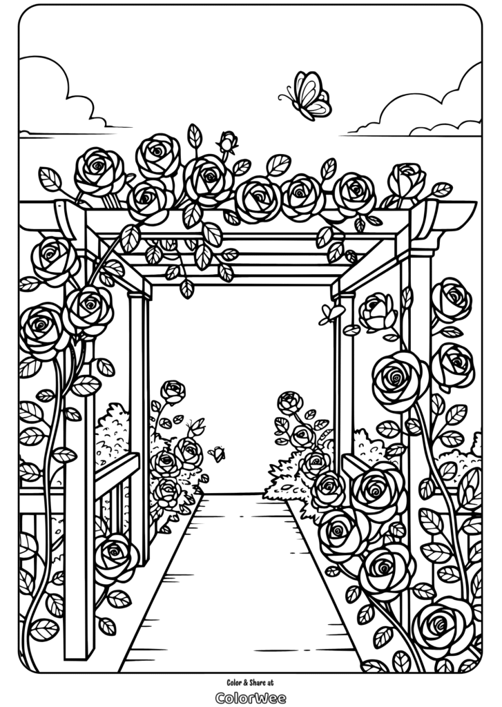 Rose archway and butterfly coloring page for relaxation and creativity.