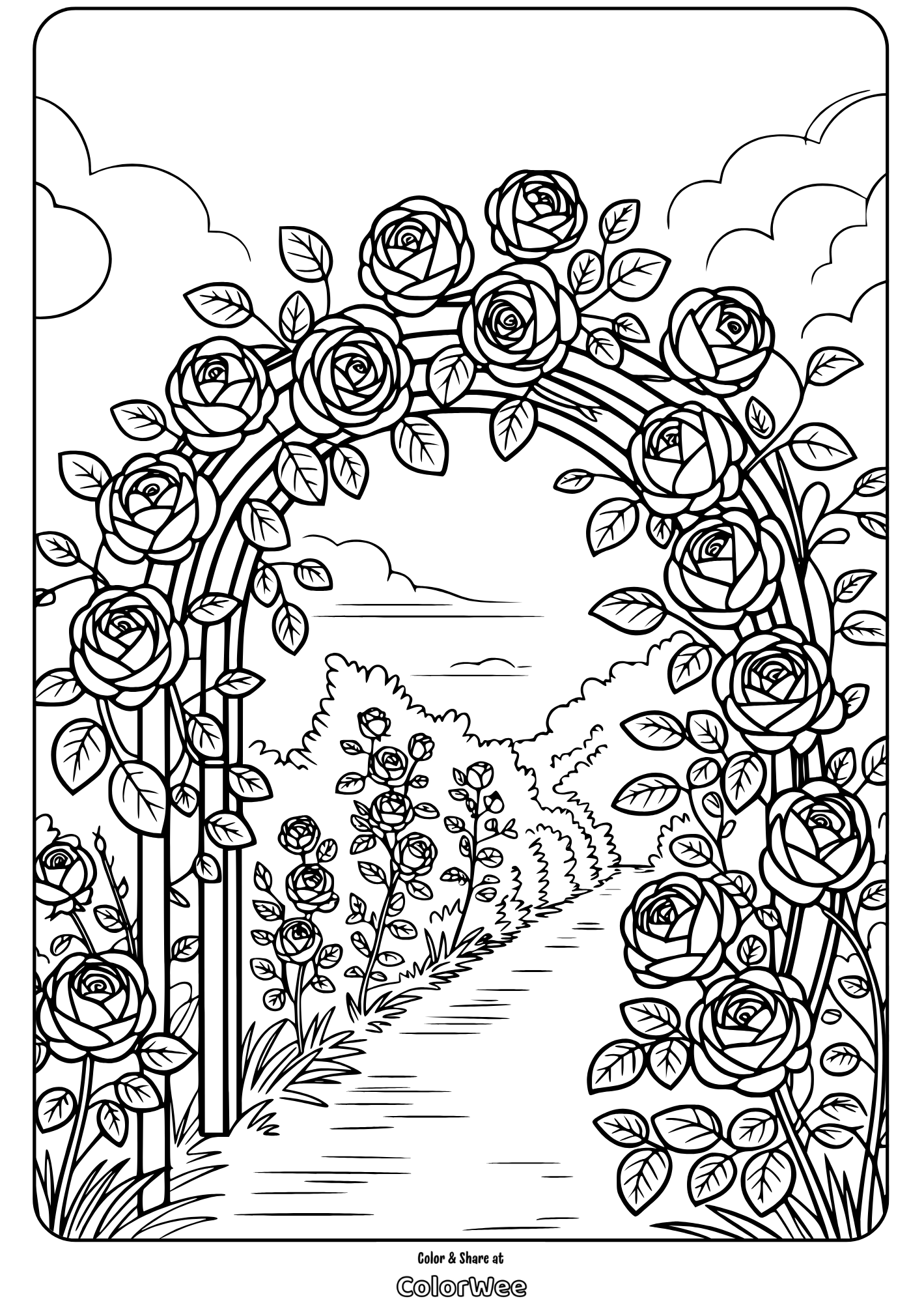 Rose garden archway coloring page for relaxation and creativity.