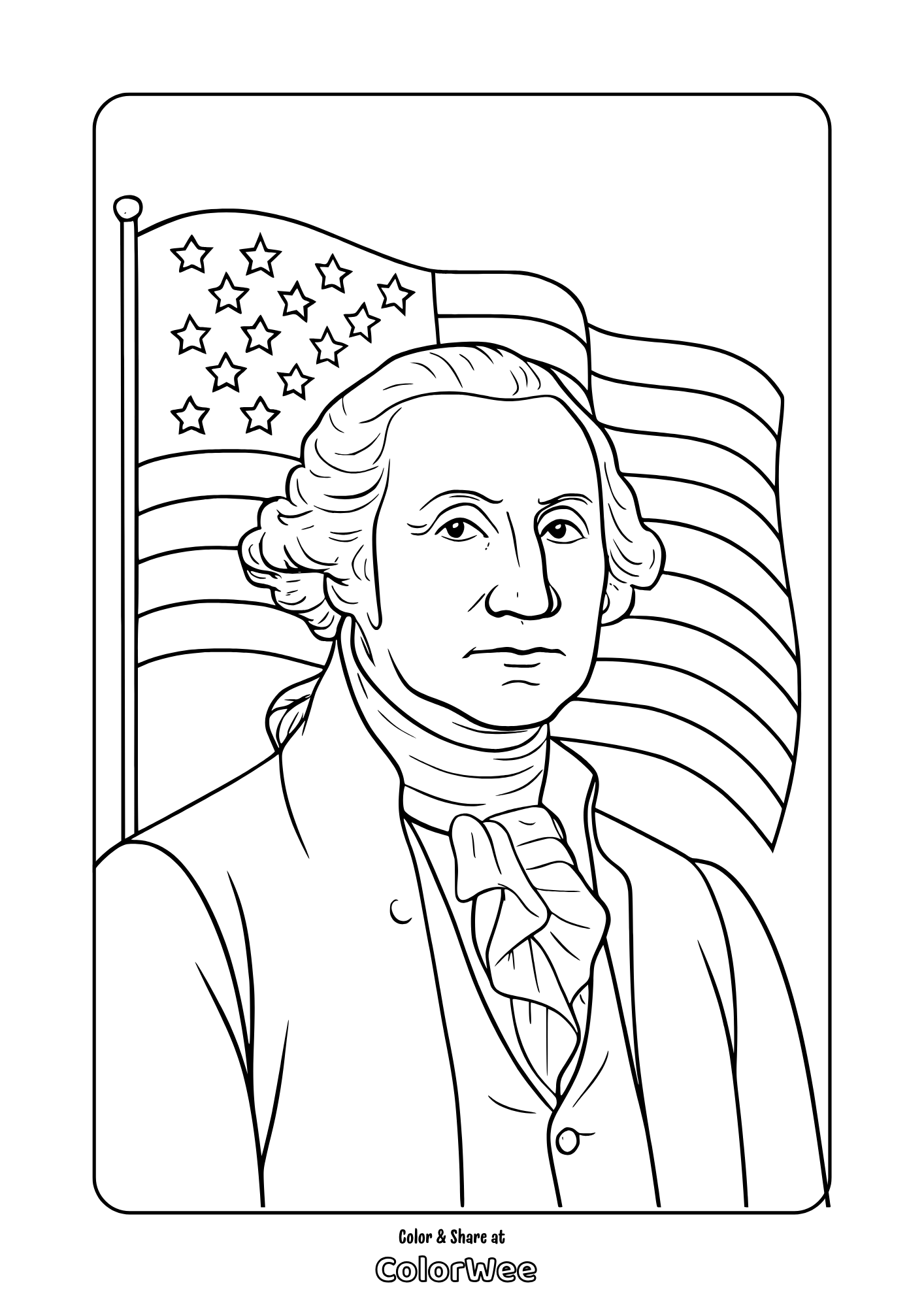 George Washington and American flag coloring page. Presidents day.