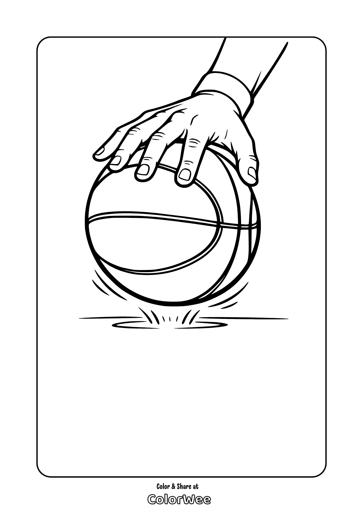 Hand dribbling basketball coloring page, free printable.