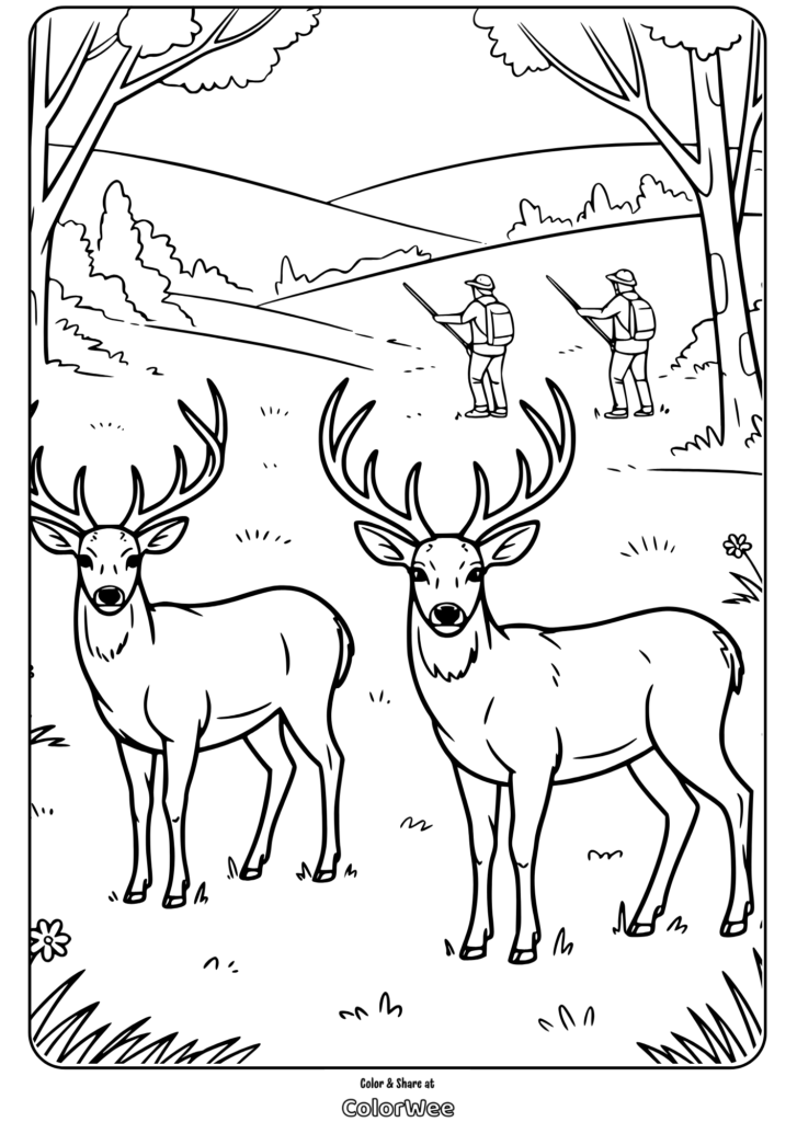 Deer in a forest coloring page with hunters in background.