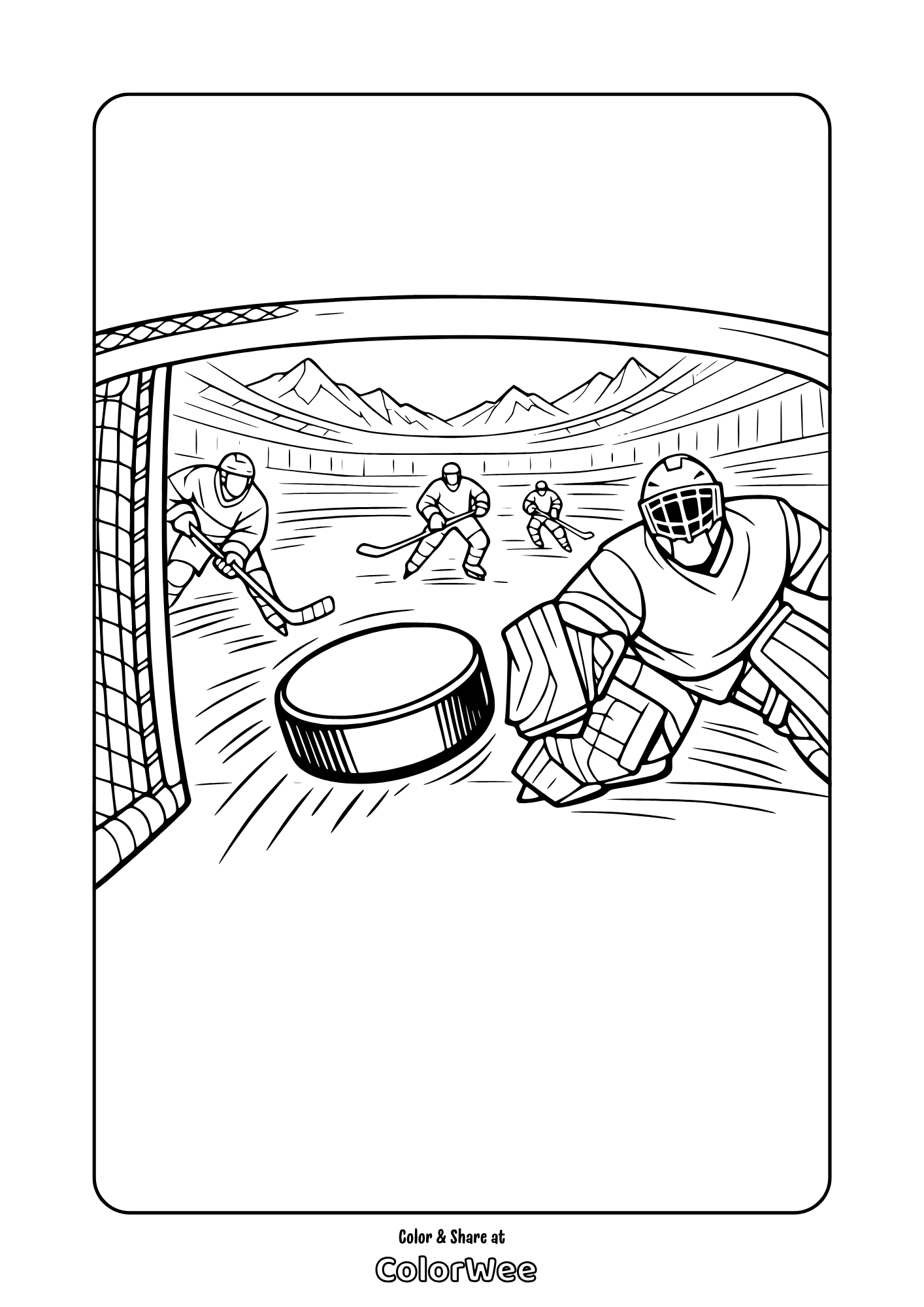 Printable ice hockey goalie save coloring page, puck at net