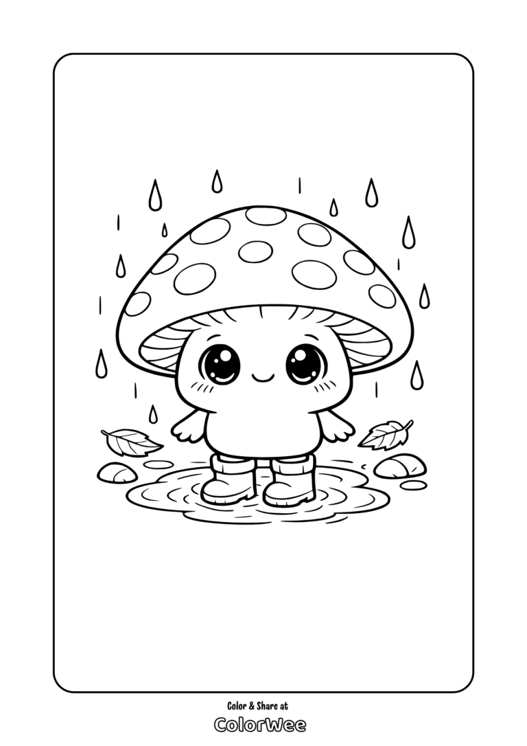 Kawaii mushroom in rain boots splashing puddle coloring page