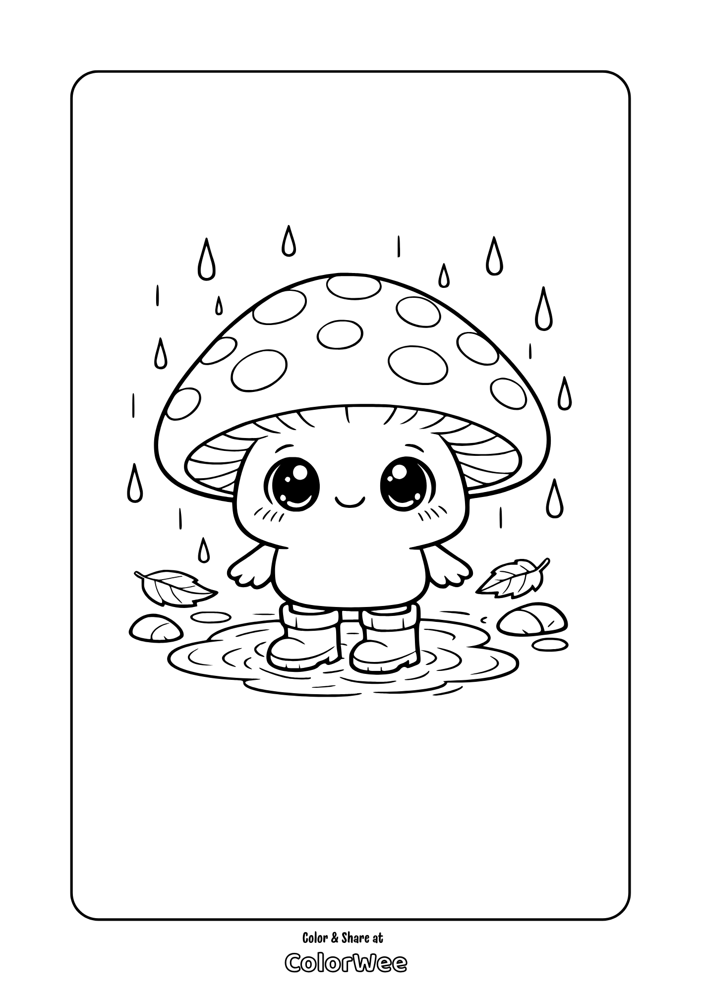 Kawaii mushroom in rain boots splashing puddle coloring page