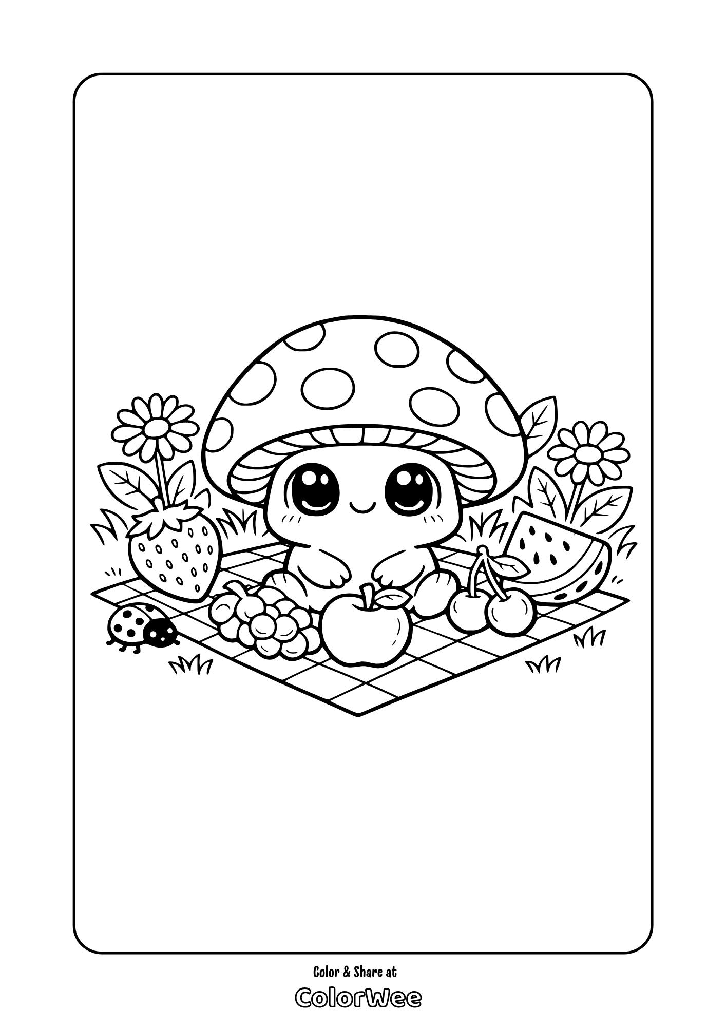 Cute kawaii mushroom picnic coloring page with fruits, flowers, and ladybug