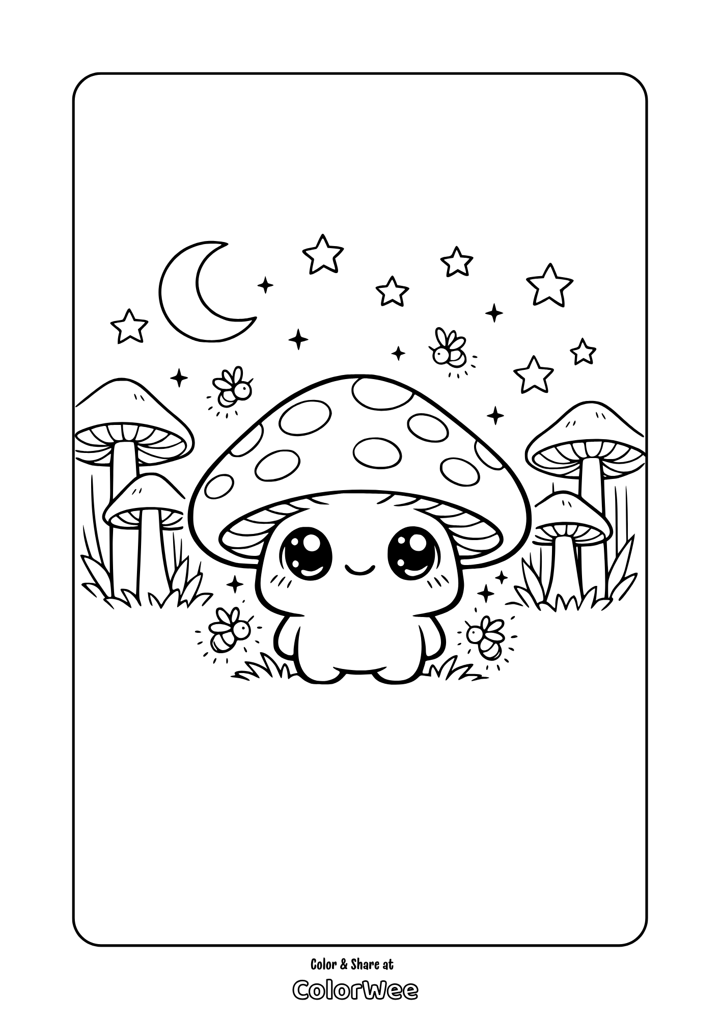 Free printable kawaii mushroom coloring page for kids, moon and stars