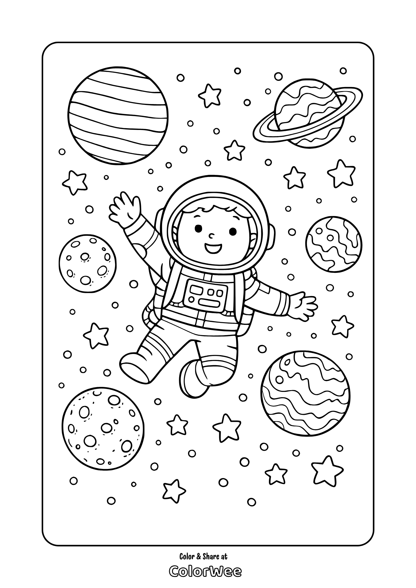 Free kids astronaut space coloring page with planets, moons and stars