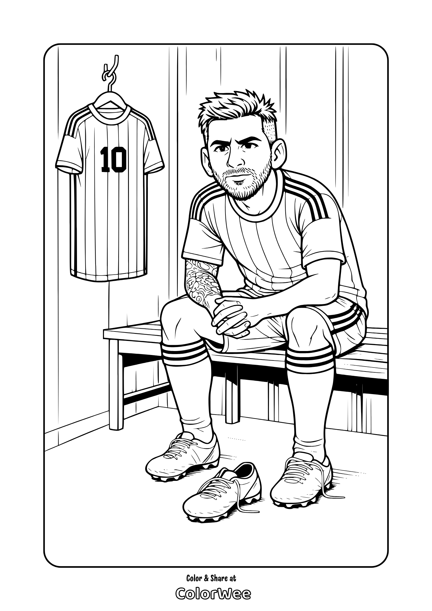 Lionel Messi coloring page: locker room scene with number 10 jersey