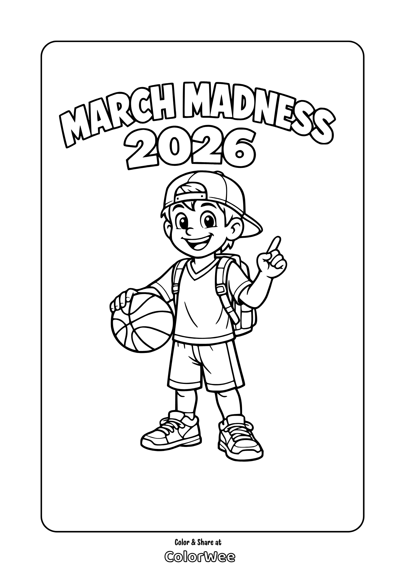 March Madness 2026 coloring page: cartoon boy with basketball printable