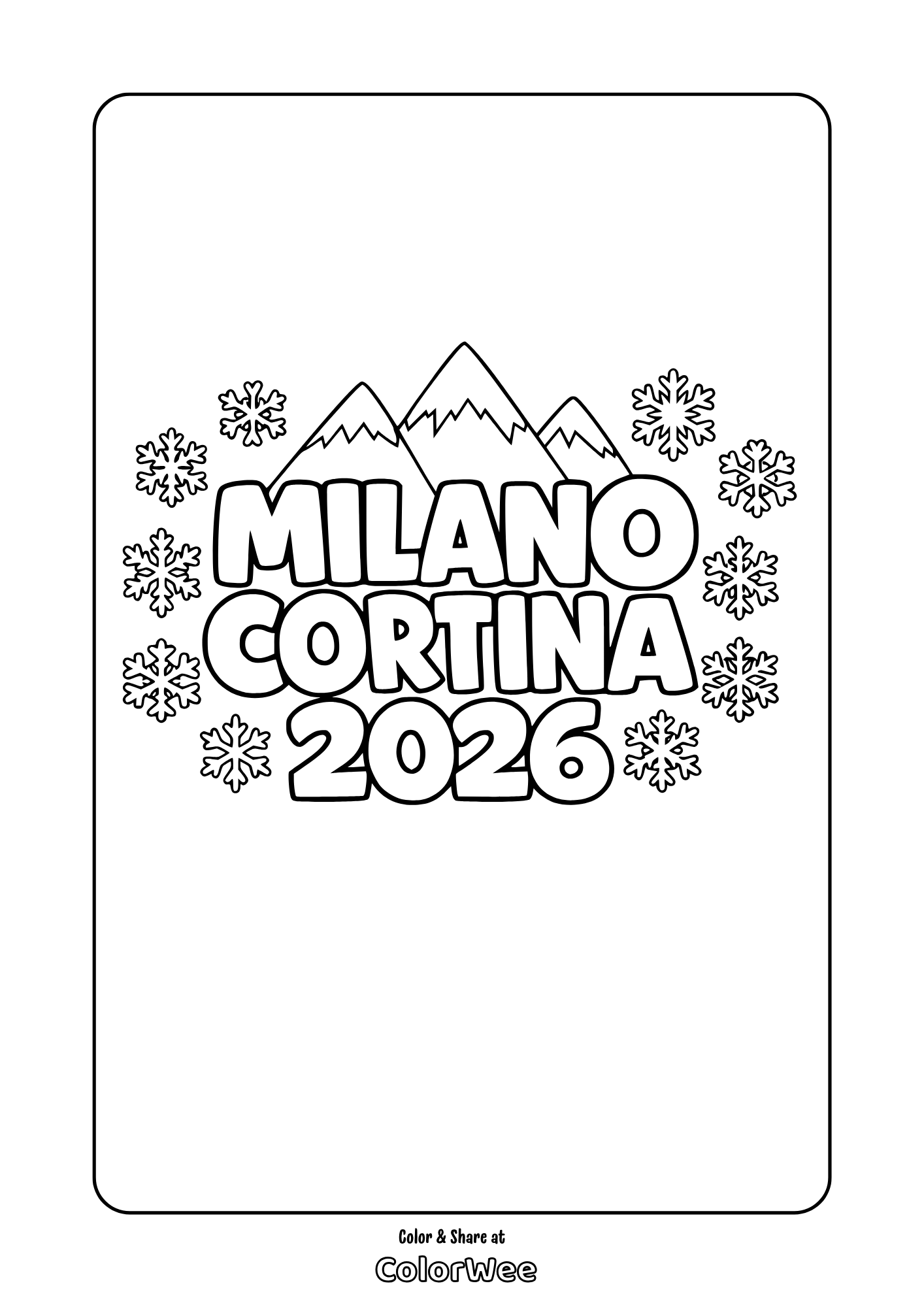 Milano Cortina 2026 winter mountains snowflakes free printable coloring page