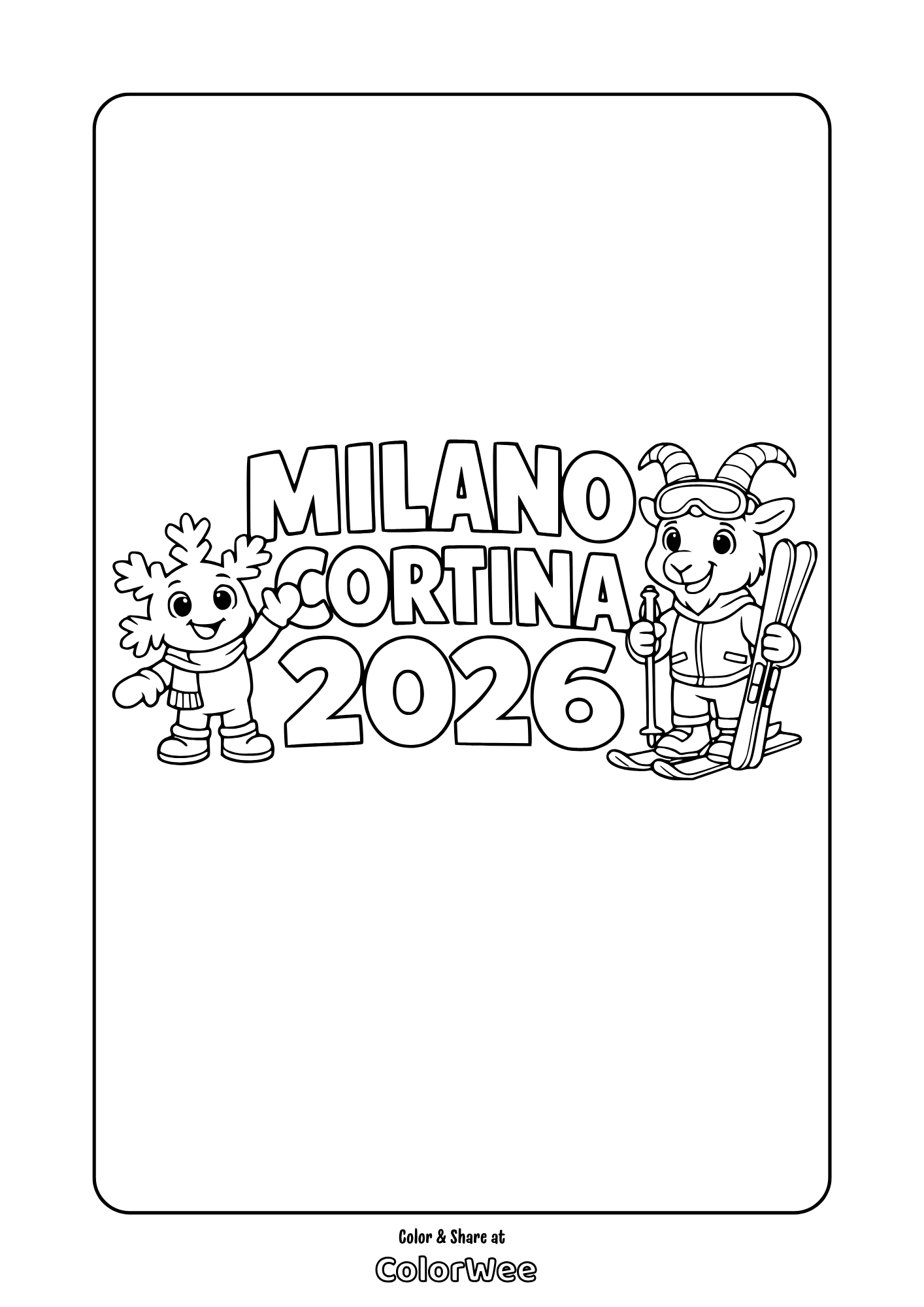 Milano Cortina 2026 Winter Olympics mascots coloring page for kids