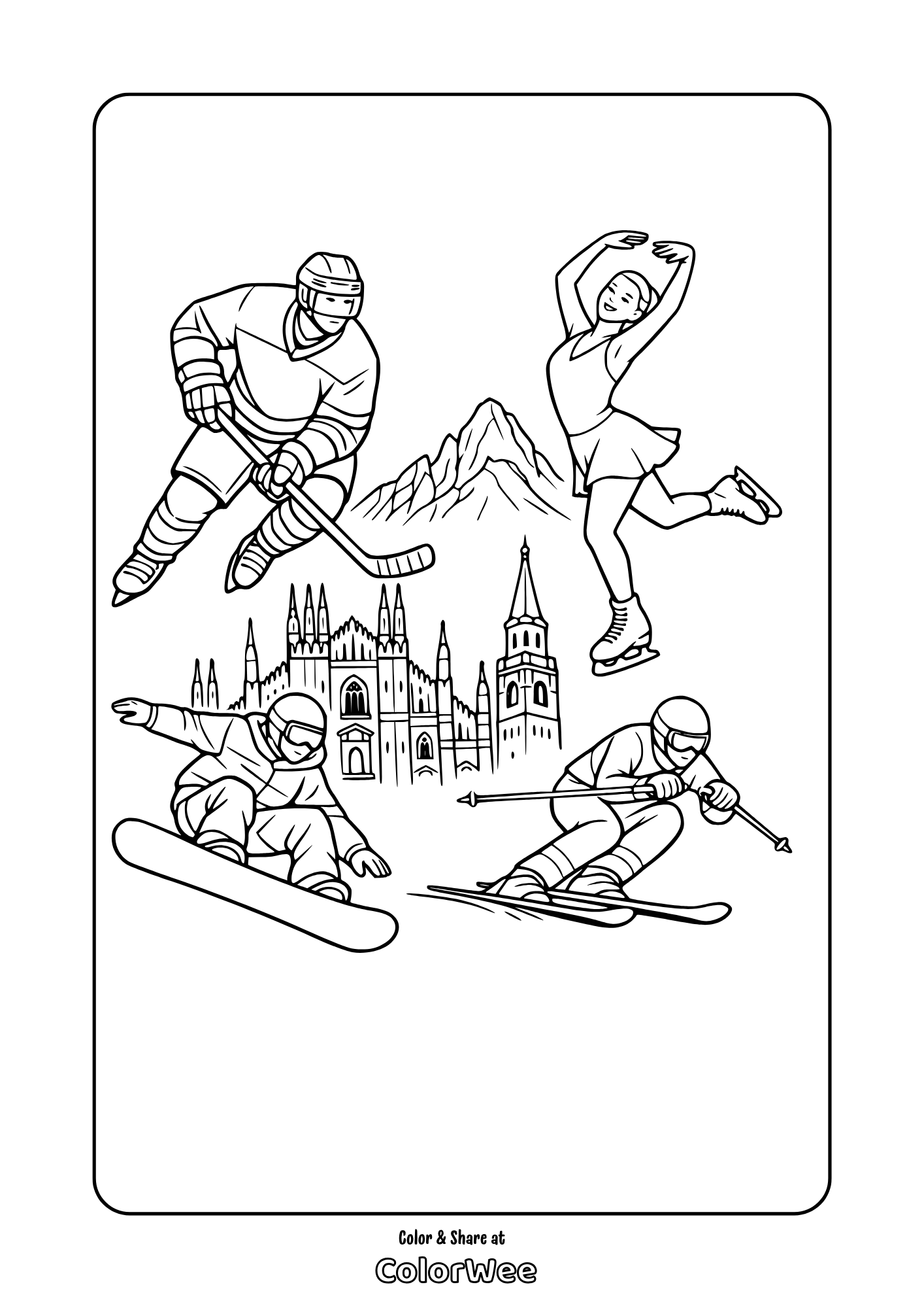 Winter sports coloring page: hockey, figure skating, snowboard, ski, mountains