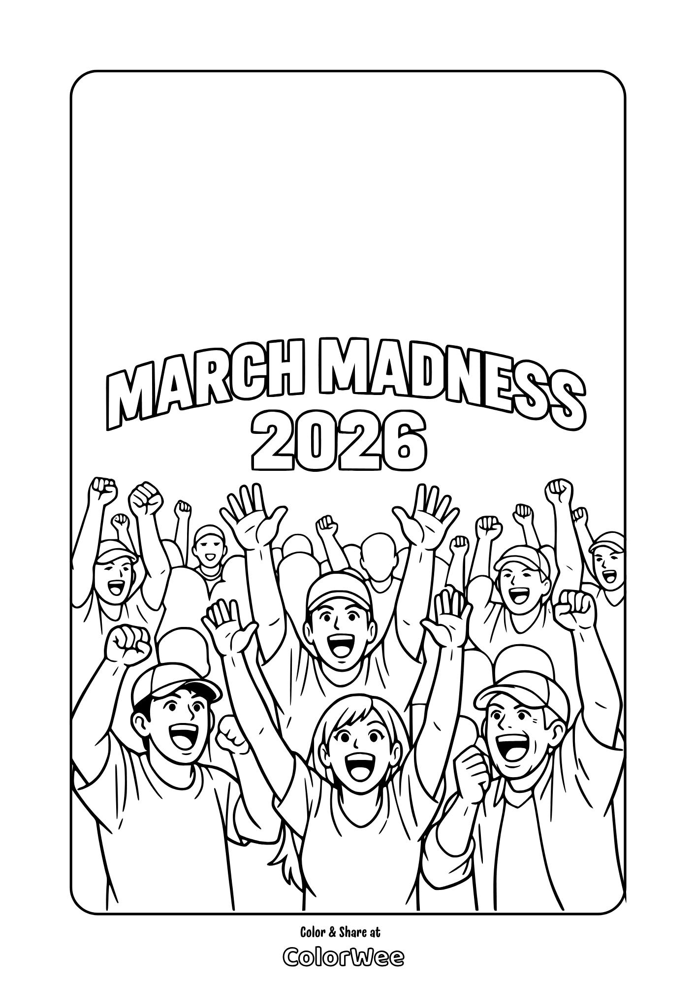 NCAA March Madness 2026 coloring page of cheering basketball fans.