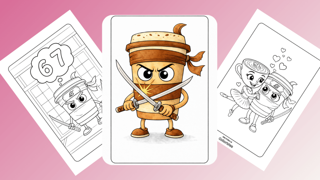 Ninja burrito coloring page with swords and heart motifs.