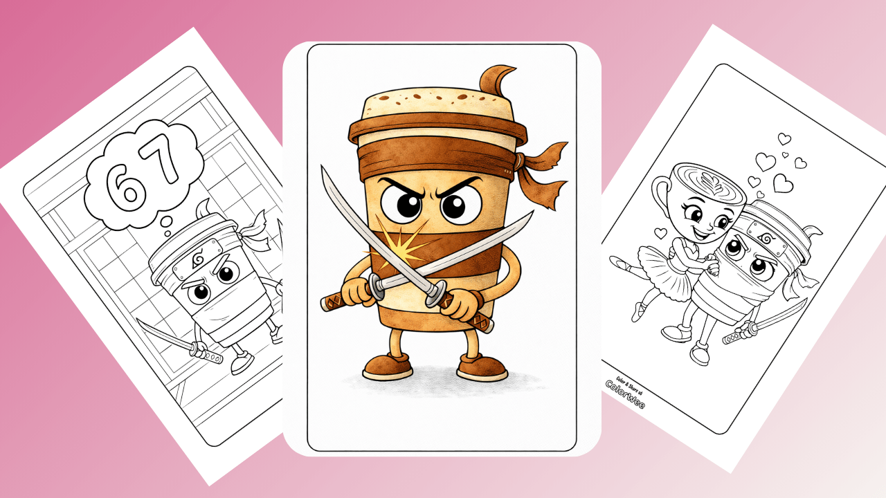 Ninja burrito coloring page with swords and heart motifs.