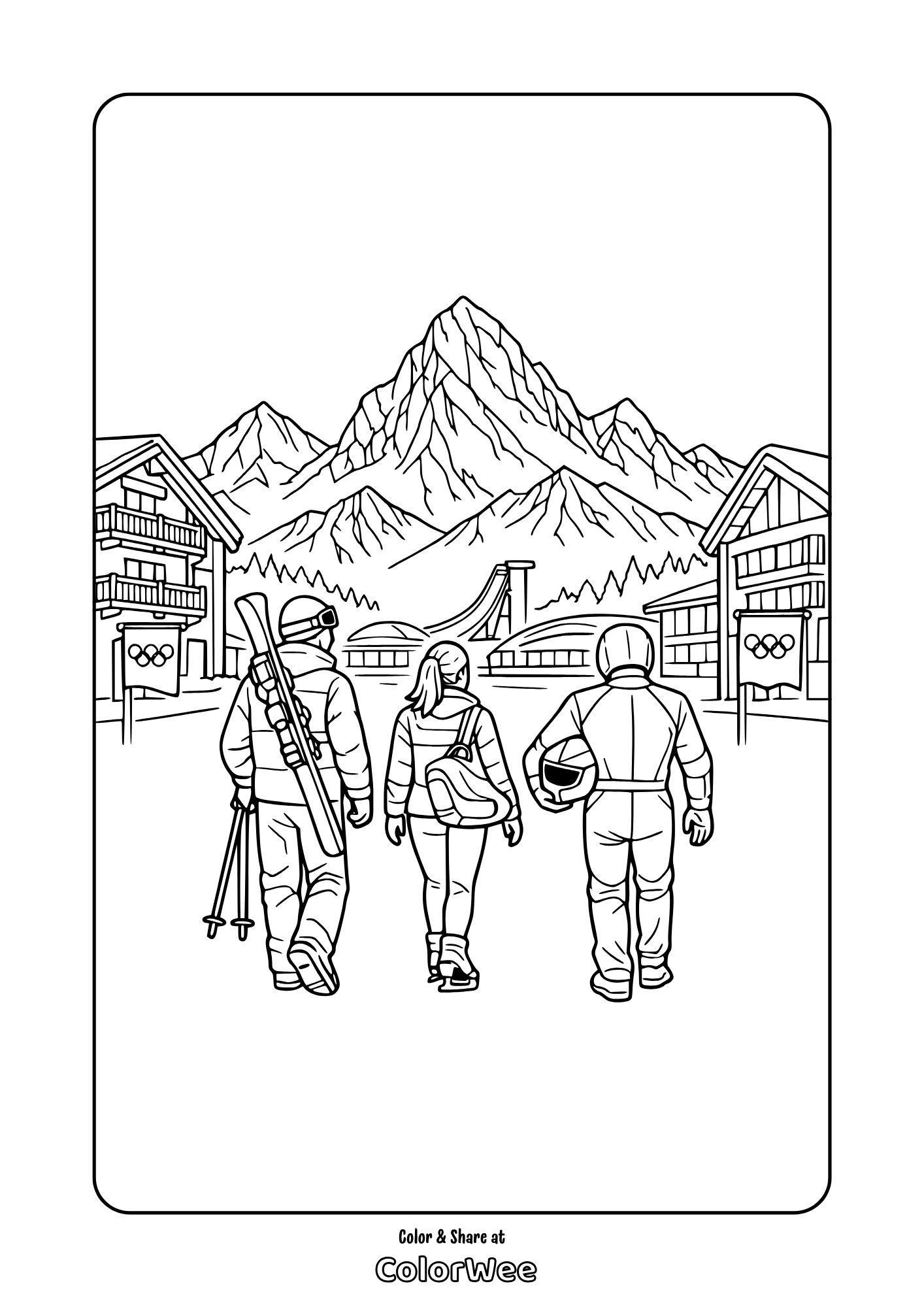Winter Olympics village coloring page with athletes, ski jump, mountain scene