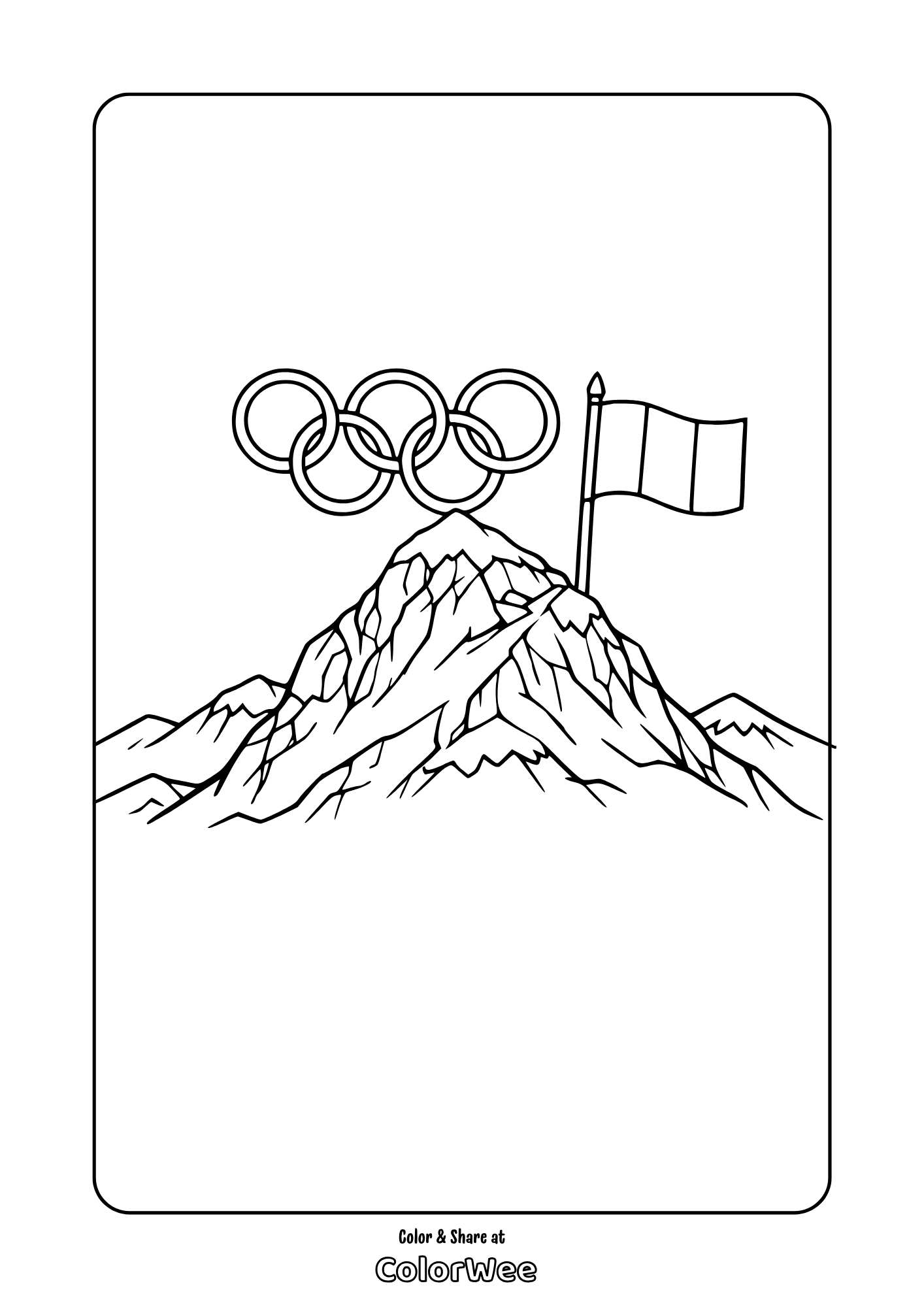 Free Olympic rings mountain coloring page with summit flag printable