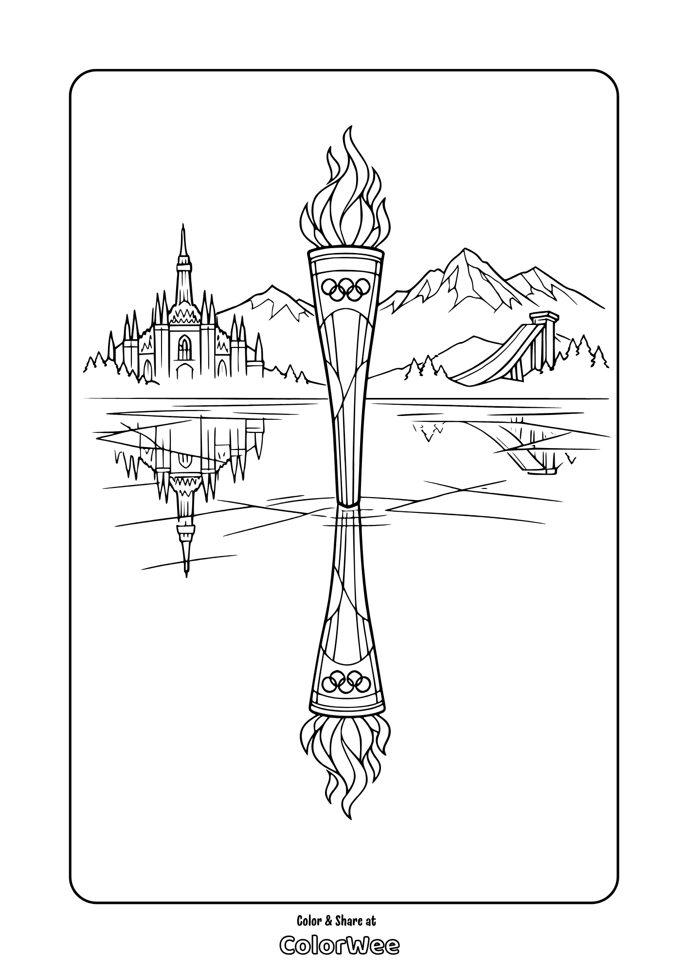 Winter sports Olympic torch, mountains, castle, ski jump coloring page