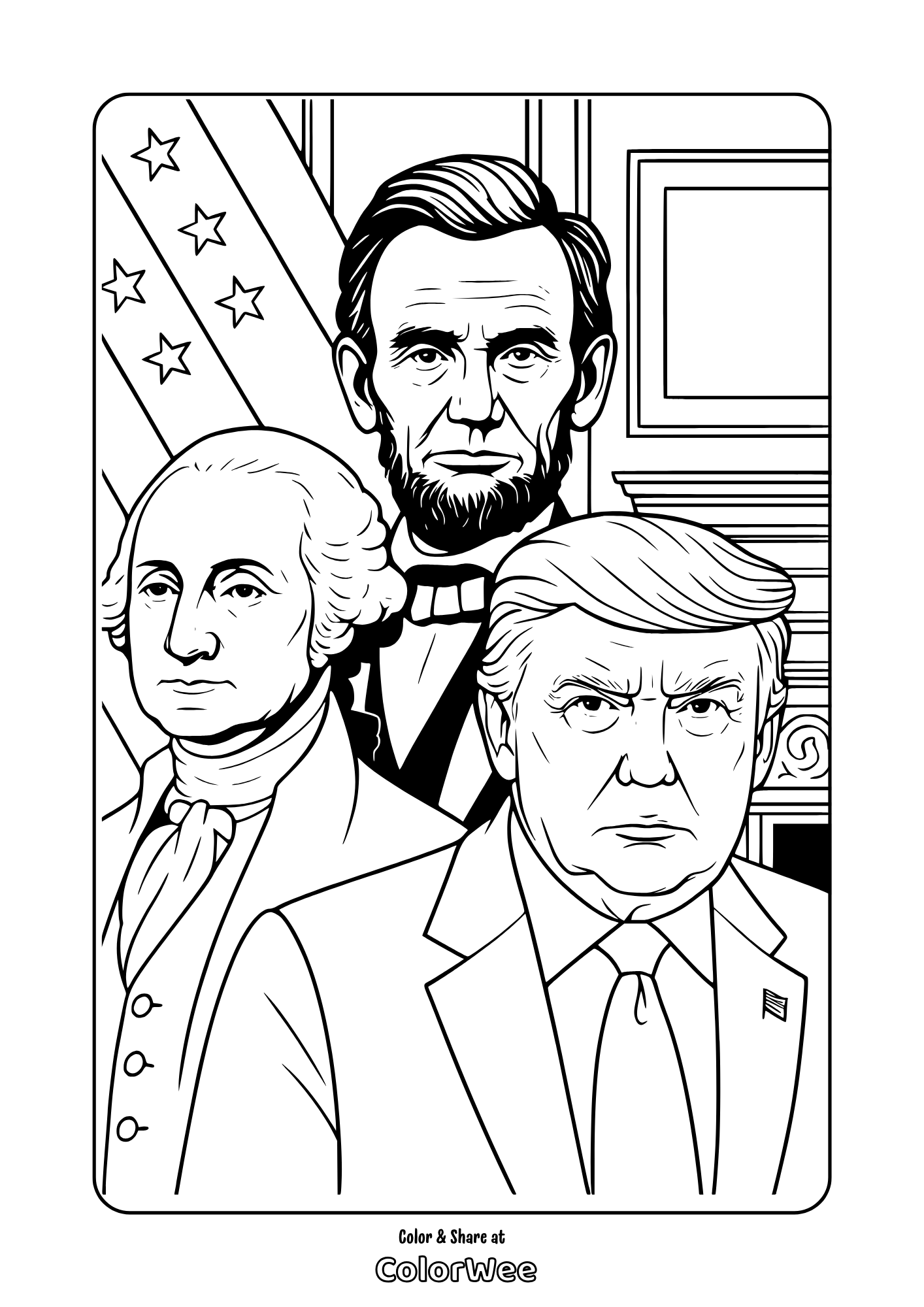 Patriotic coloring page: three presidents with American flag, office backdrop