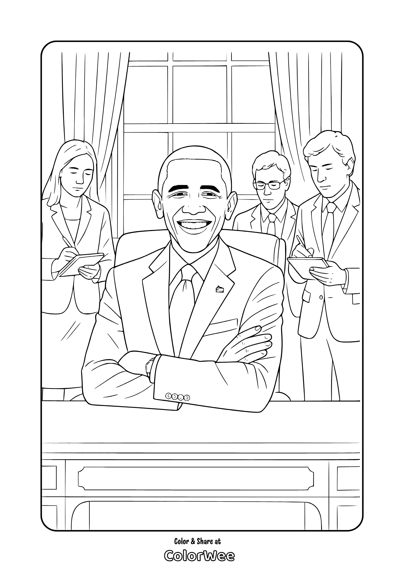 President Barack Obama at desk with team - free printable coloring page