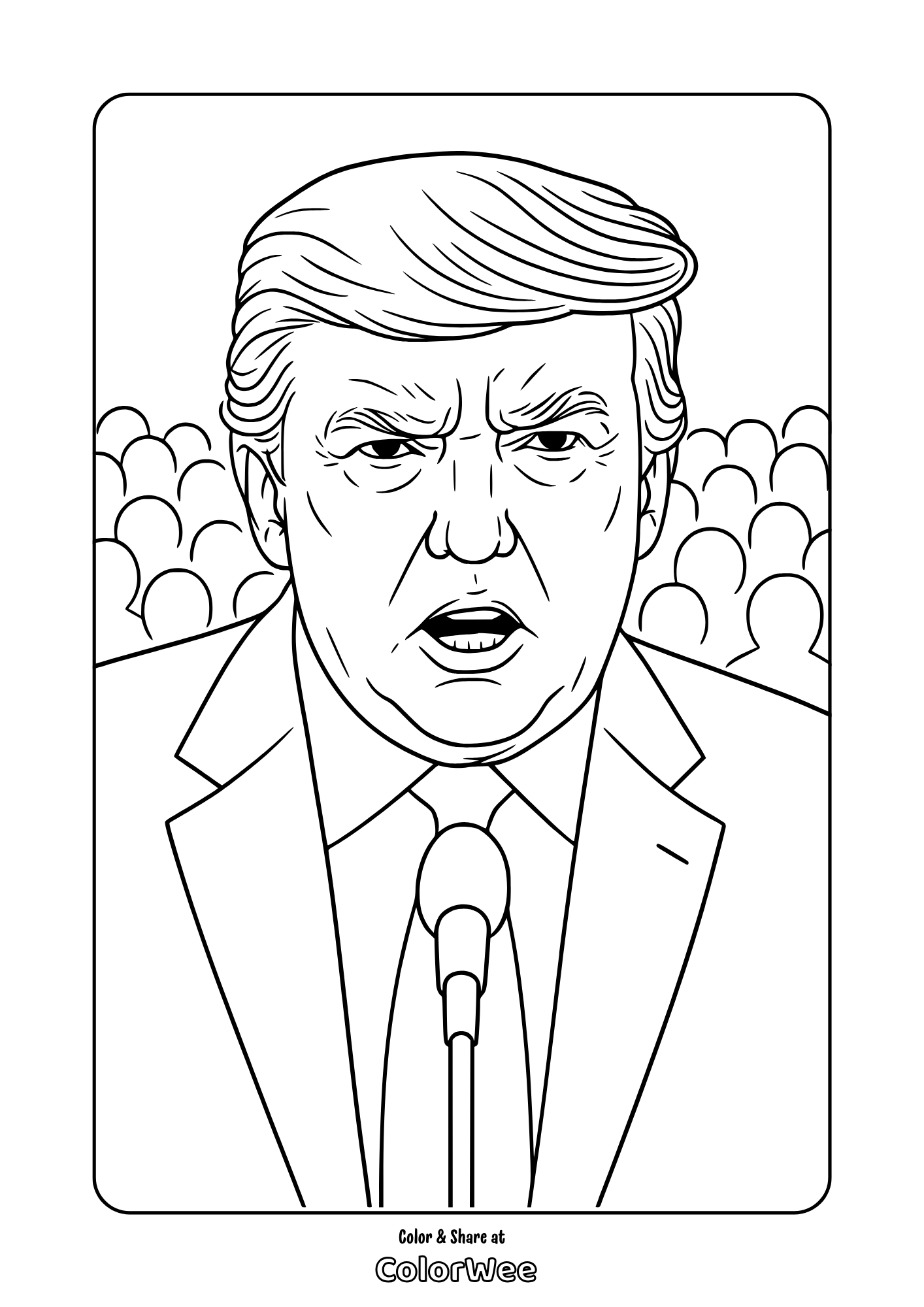 President Donald J. Trump giving speech coloring page at microphone with crowd, printable