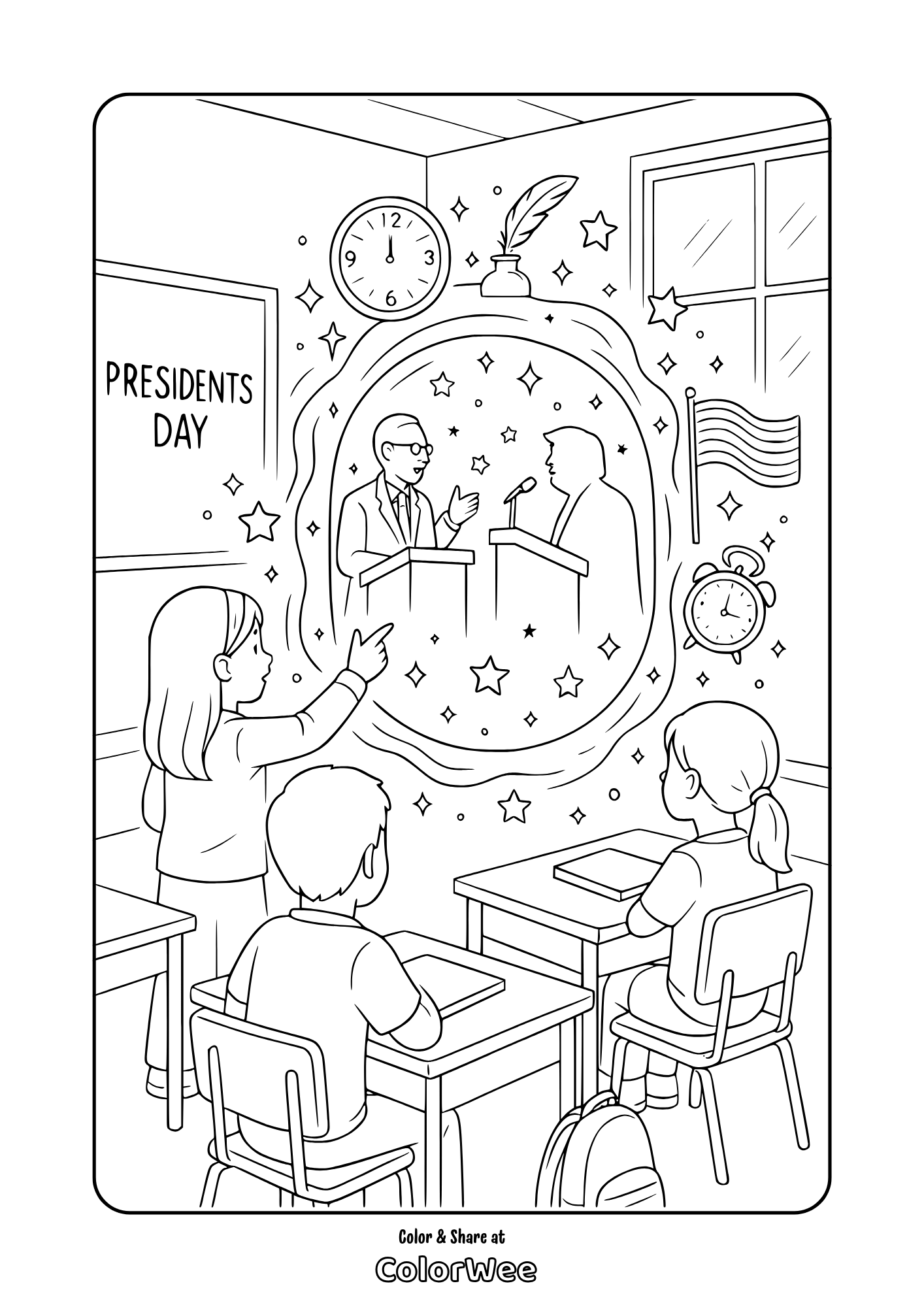 Free Presidents Day classroom coloring page - kids watch a presidential debate