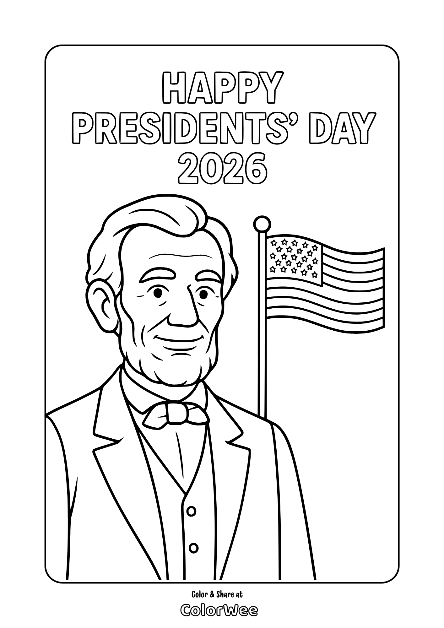 Presidents' Day 2026 printable coloring page with Abraham Lincolnd, U.S. flag