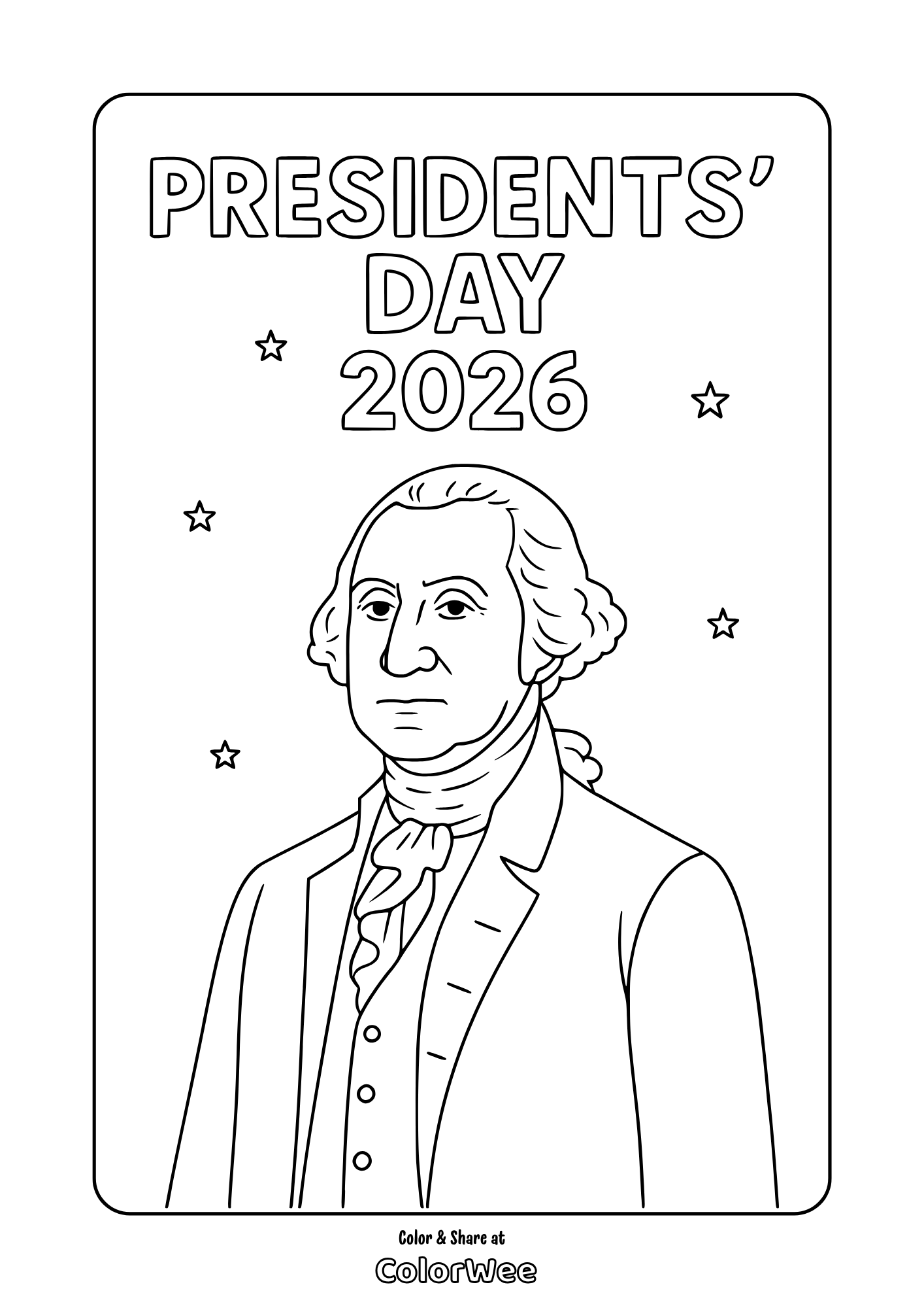 Presidents’ Day 2026 printable coloring page with classic president portrait - George Washington