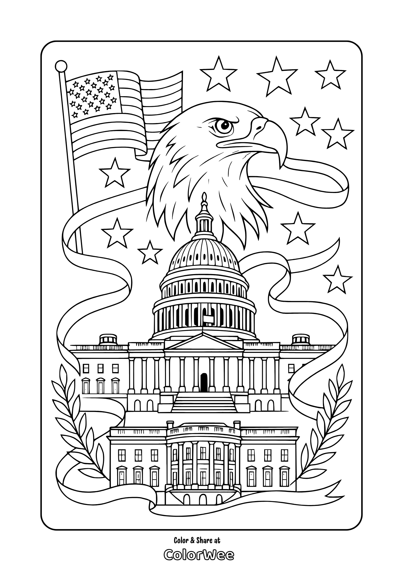 Patriotic coloring page: bald eagle, American flag, US Capitol, White House