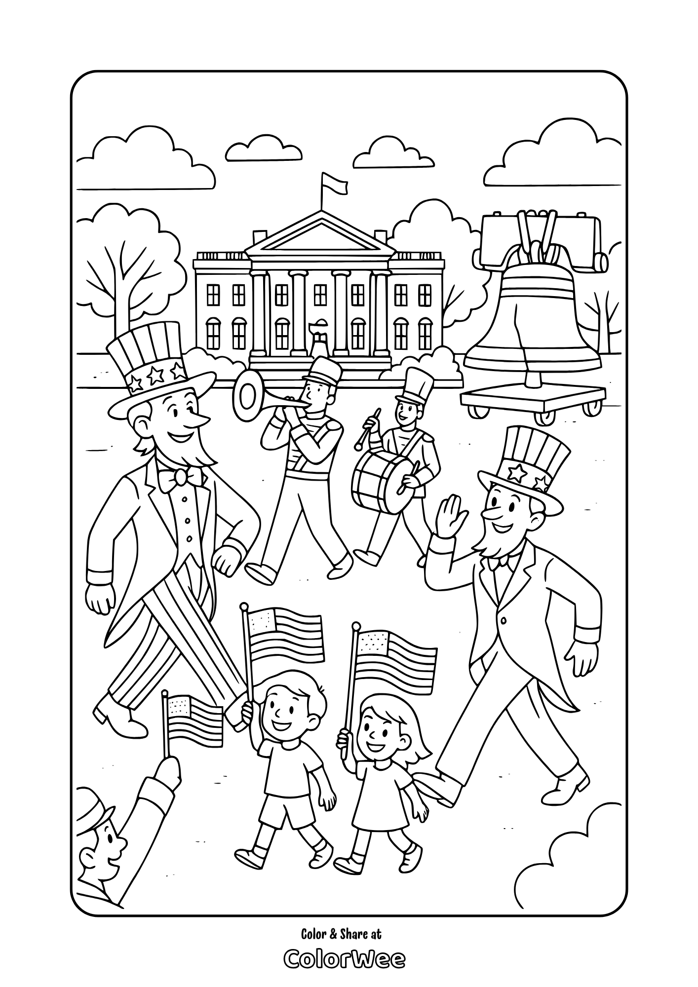 Presidents day parade coloring page: Uncle Sam, kids, flags, White House Liberty Bell