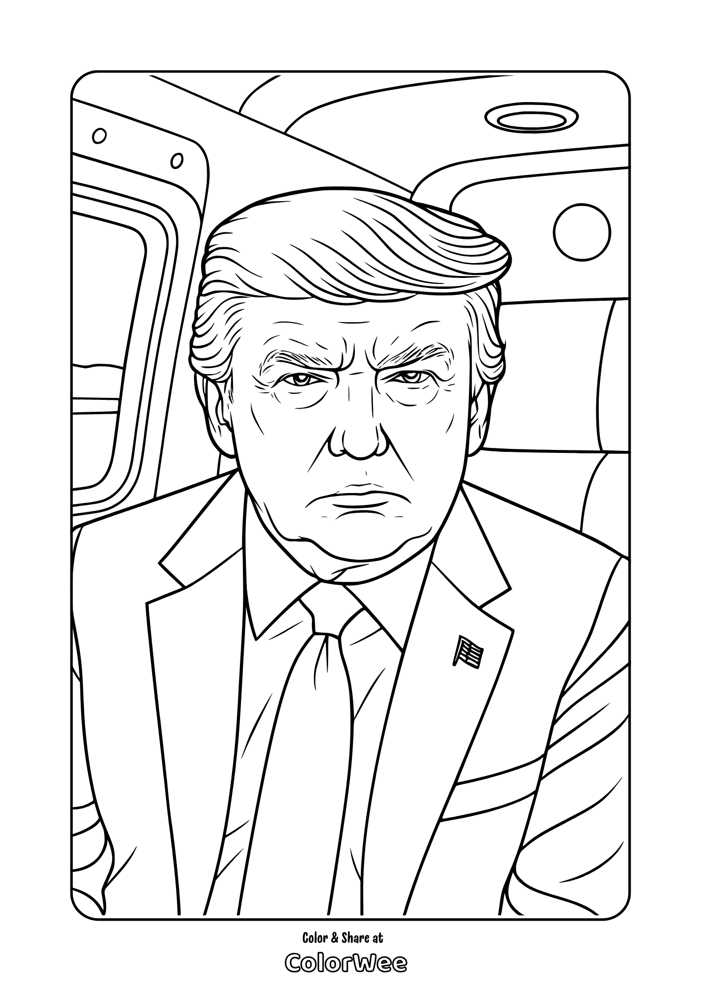 Printable adult coloring page: President Donald J. Trump in suit inside a helicopter.