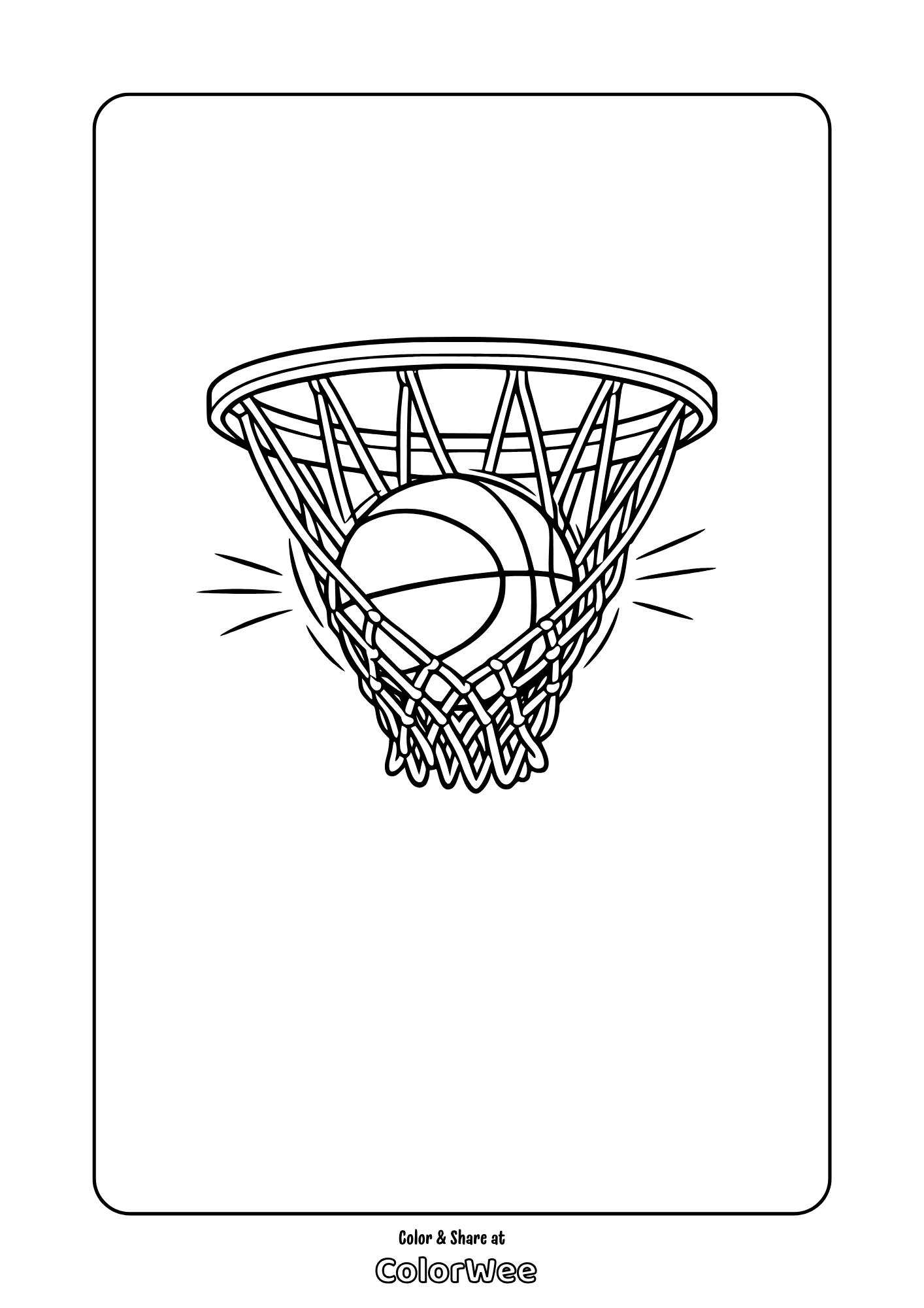 Printable basketball swish through hoop - minimalistic coloring page .