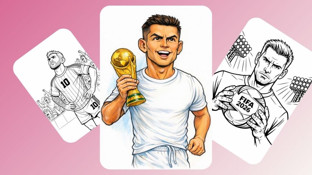 Printable soccer coloring pages: players with World Cup trophy, FIFA 2026