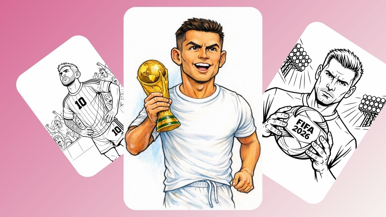 Printable soccer coloring pages: players with World Cup trophy, FIFA 2026