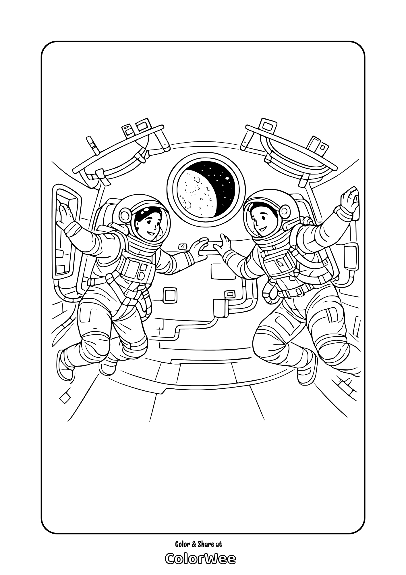 Printable two astronauts floating during Artemis II misson - moon view coloring page