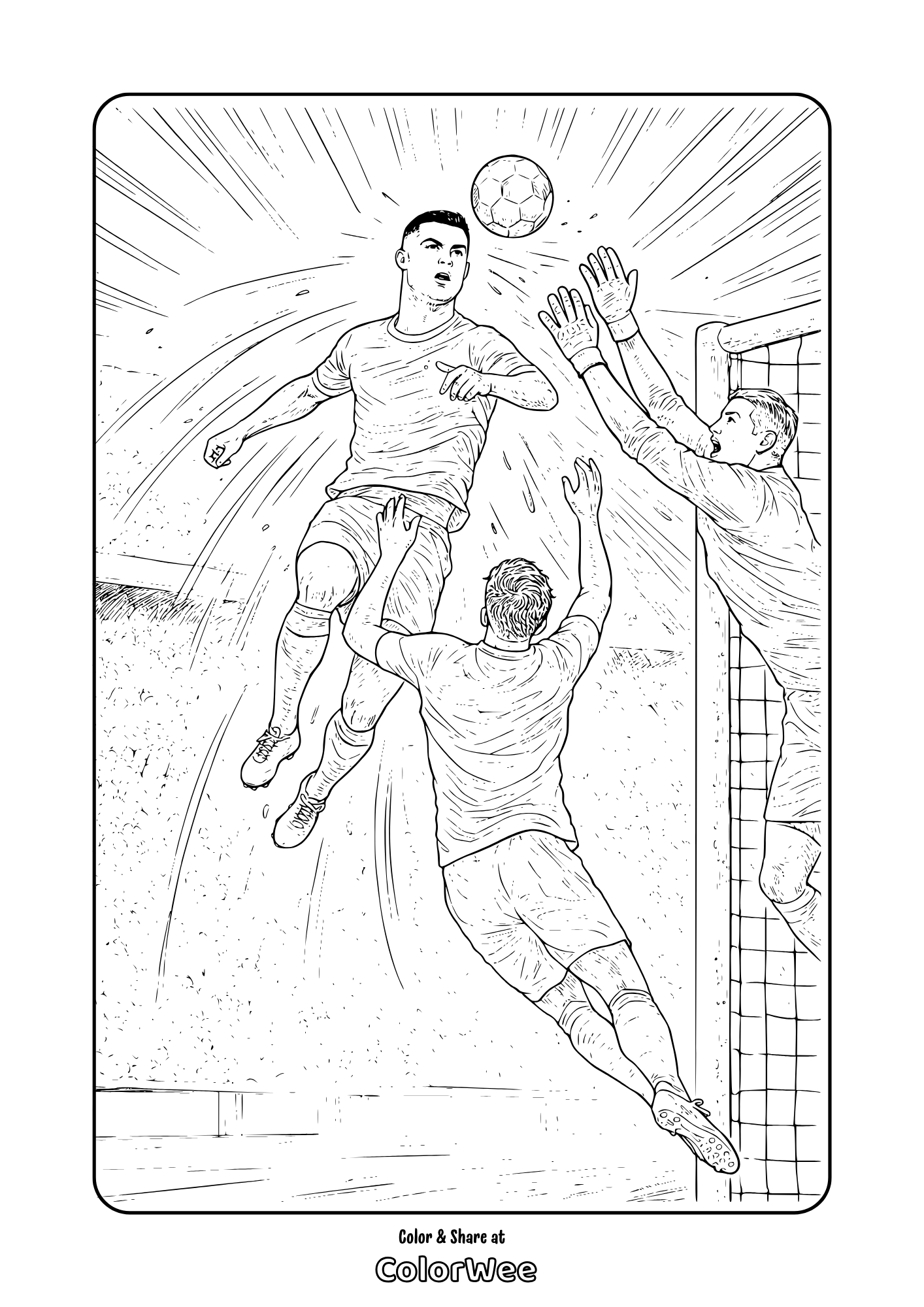 Printablle Cristiano Ronaldo coloring page: header at goal with goalie and defenders