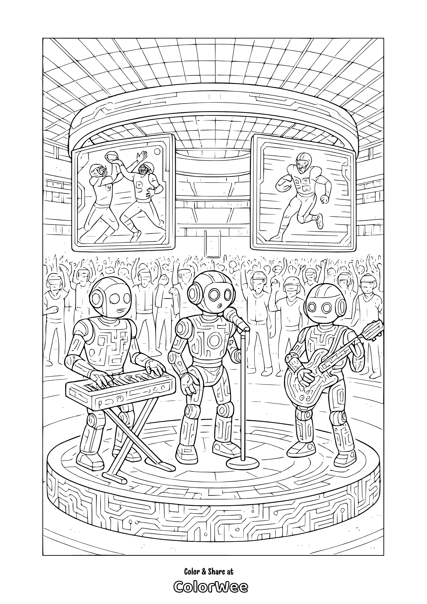 Robots performing music on stage in a futuristic stadium coloring page.
