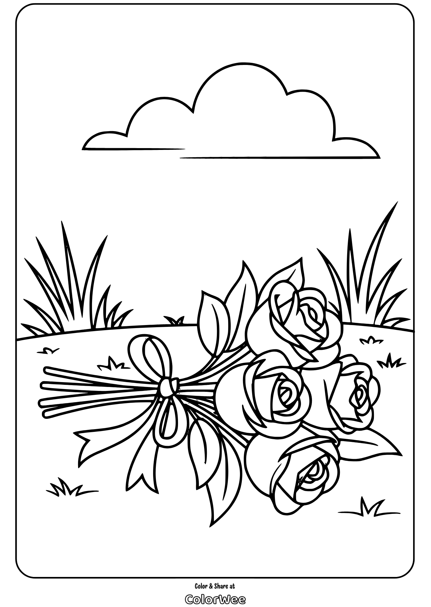 Bouquet of roses coloring page with cloud and grass background.