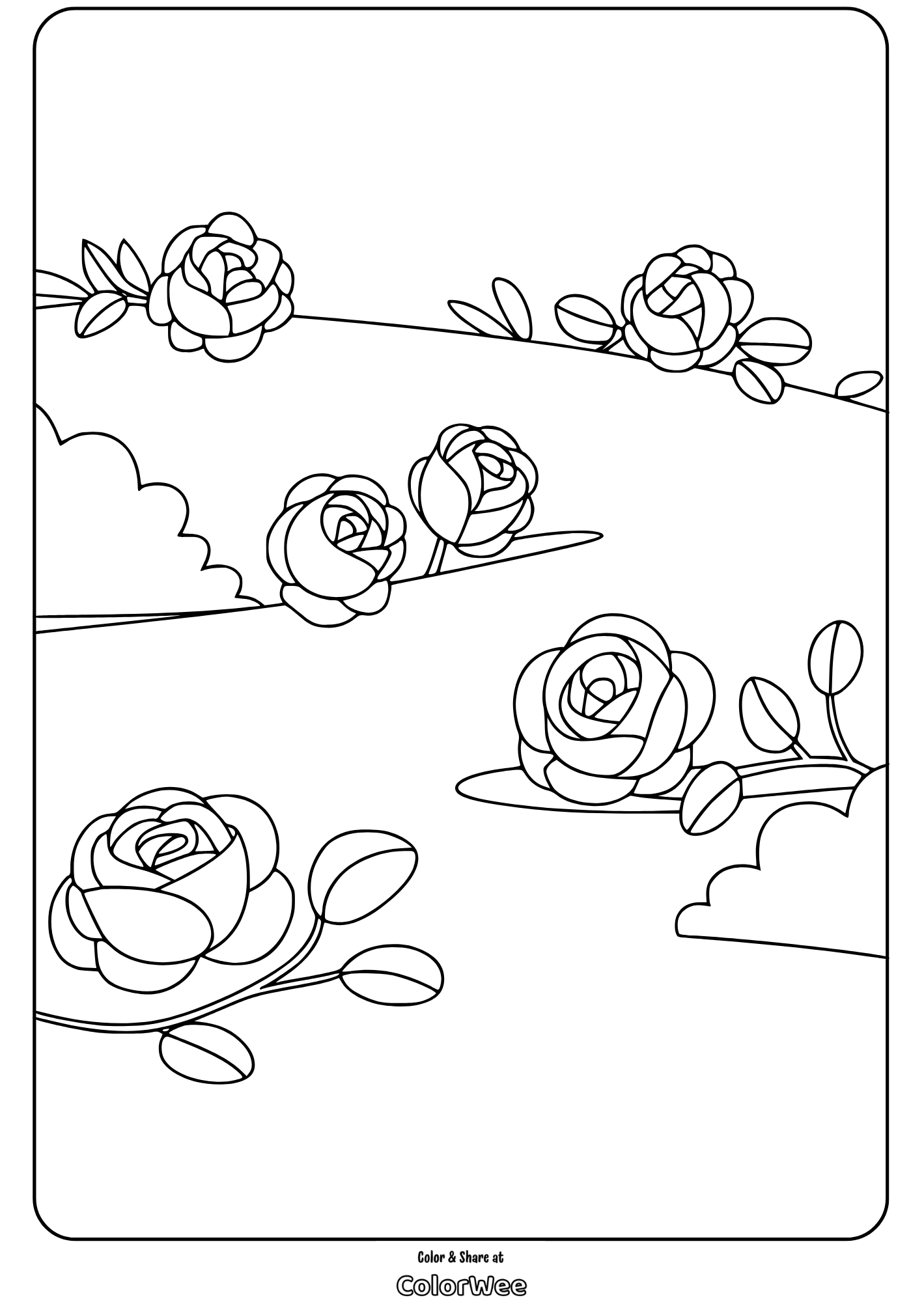 Coloring page of roses and leaves on a hillside.