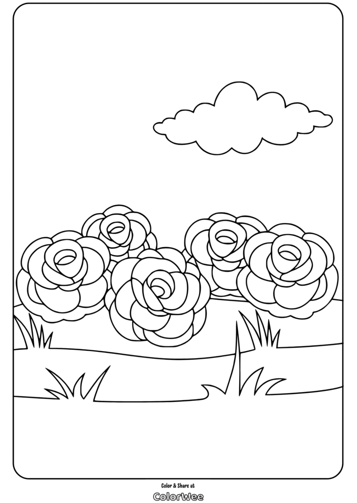rose patterns ground coloring page Roses and clouds coloring page with grass for kids to color.