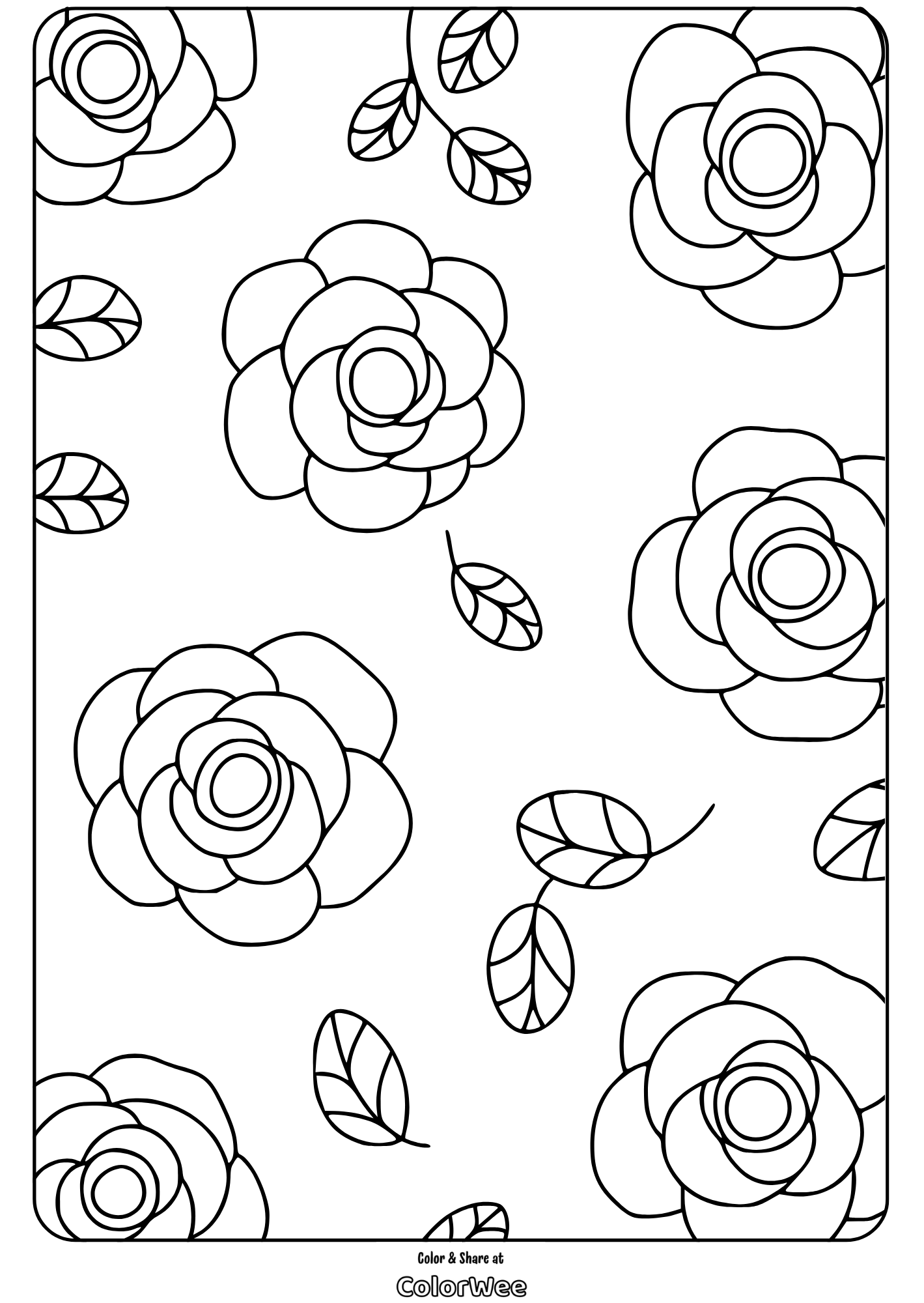 Outlined roses and leaves coloring page for kids and adults.