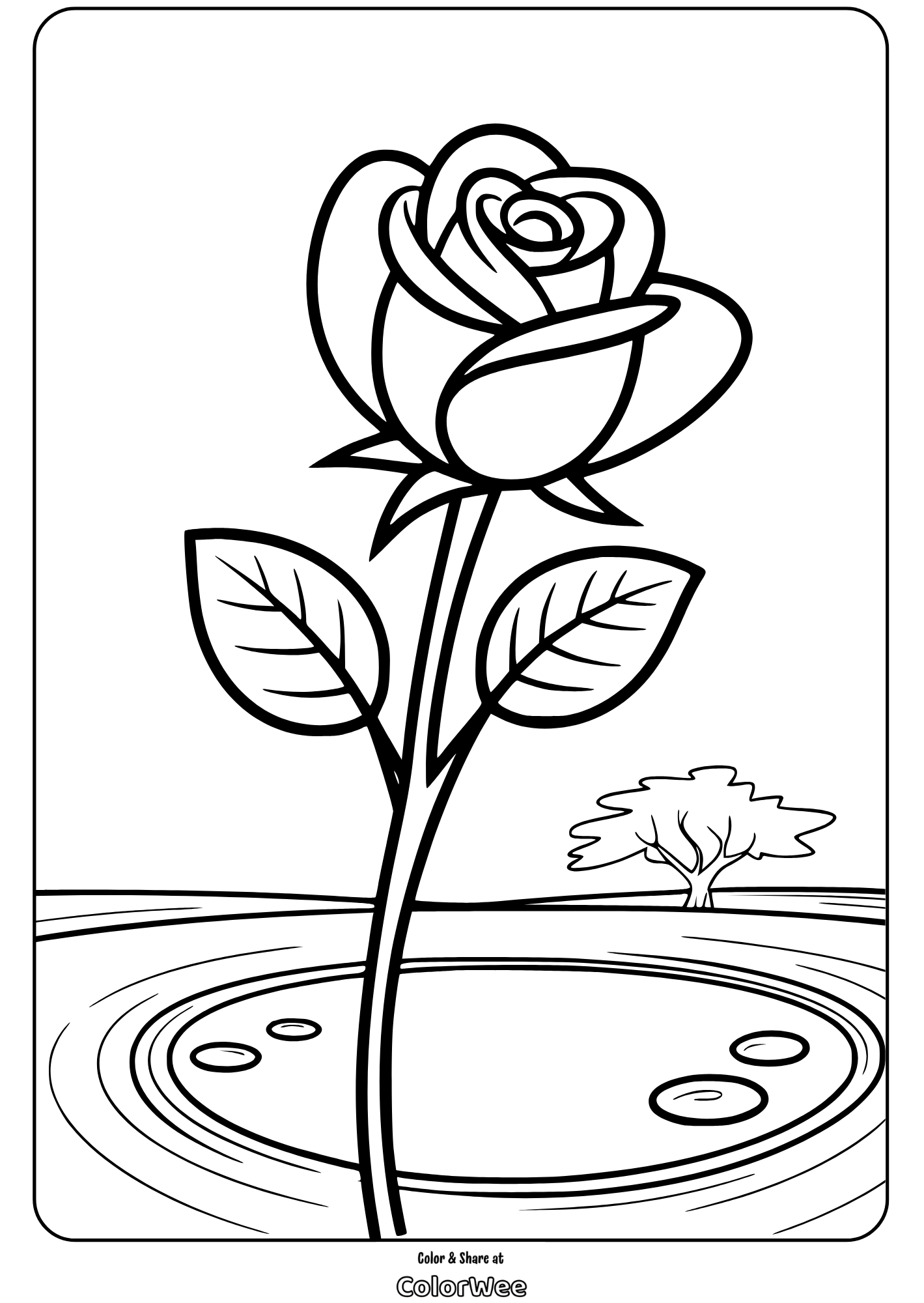 A rose by a pond coloring page for kids.