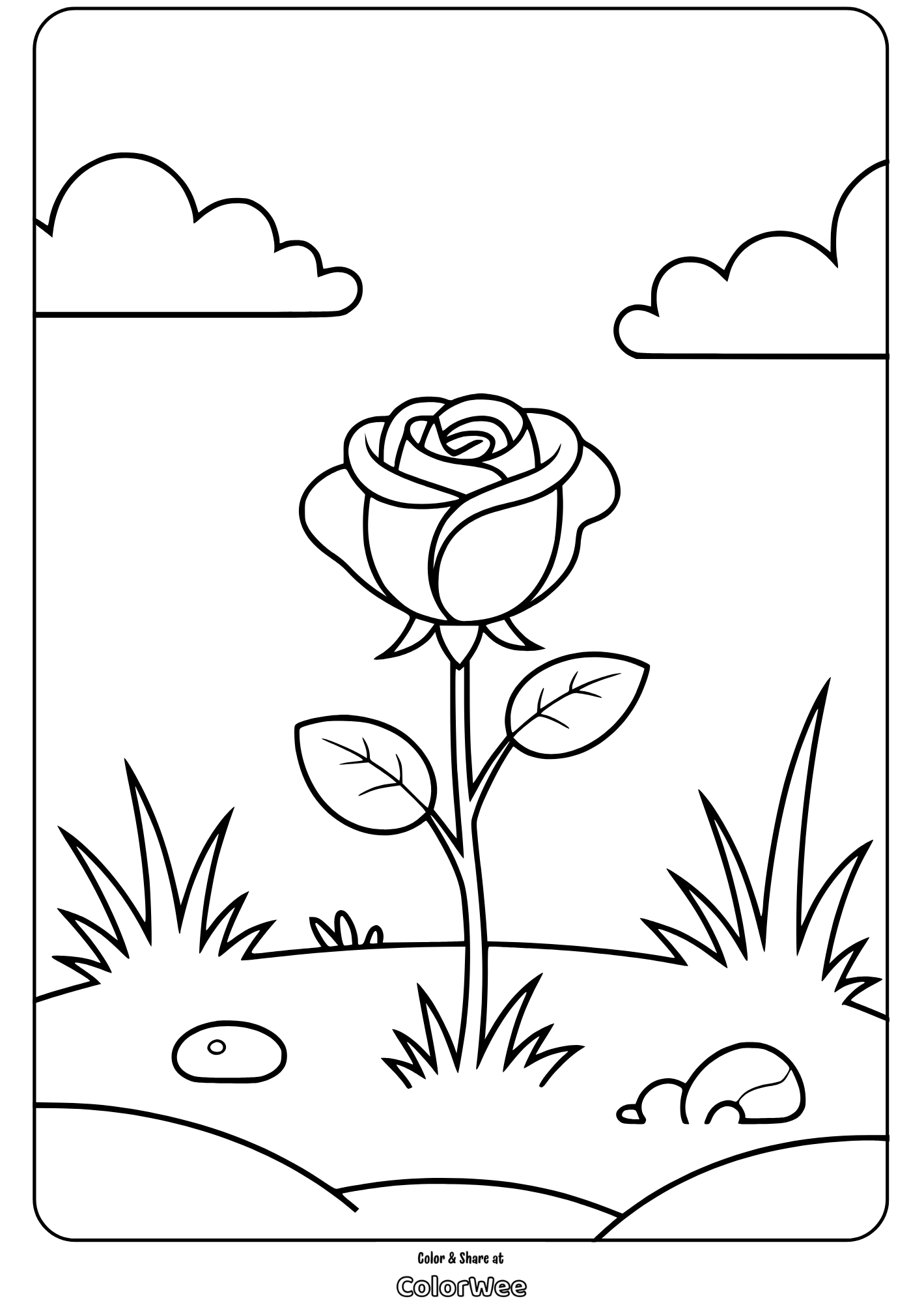 Coloring page of a rose in a garden with clouds and grass.