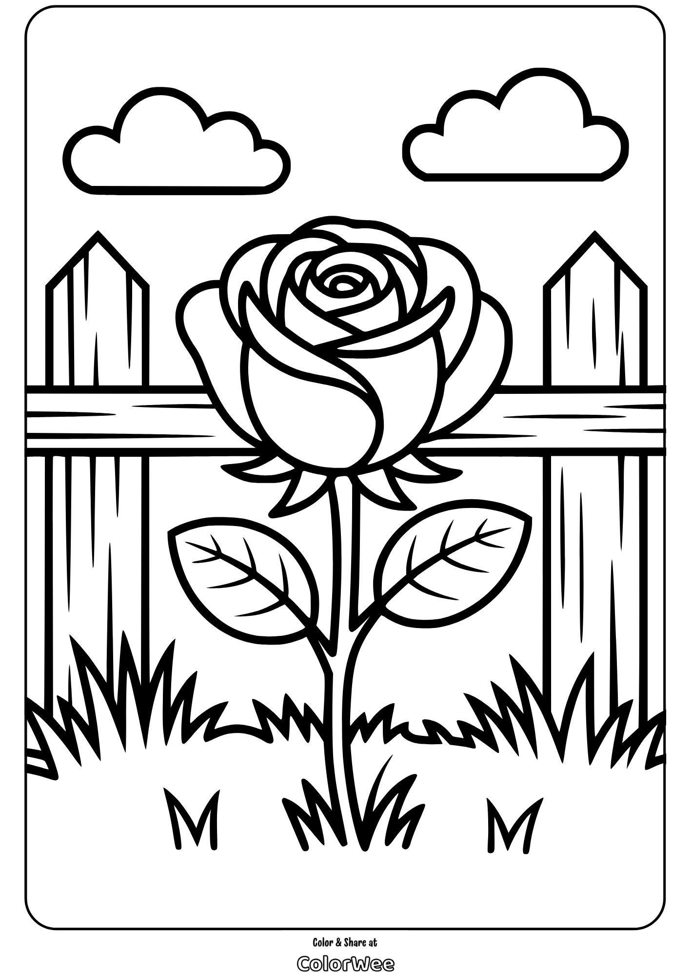 Rose coloring page with clouds and a wooden fence background.