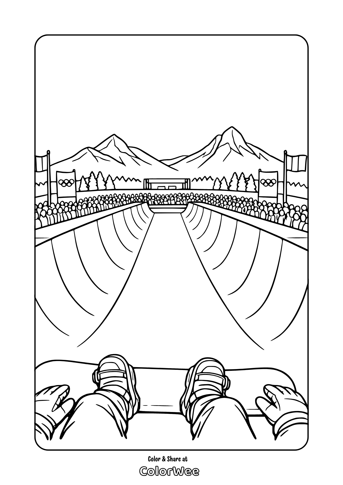 Olympic snowboard halfpipe coloring page with crowd and mountain view