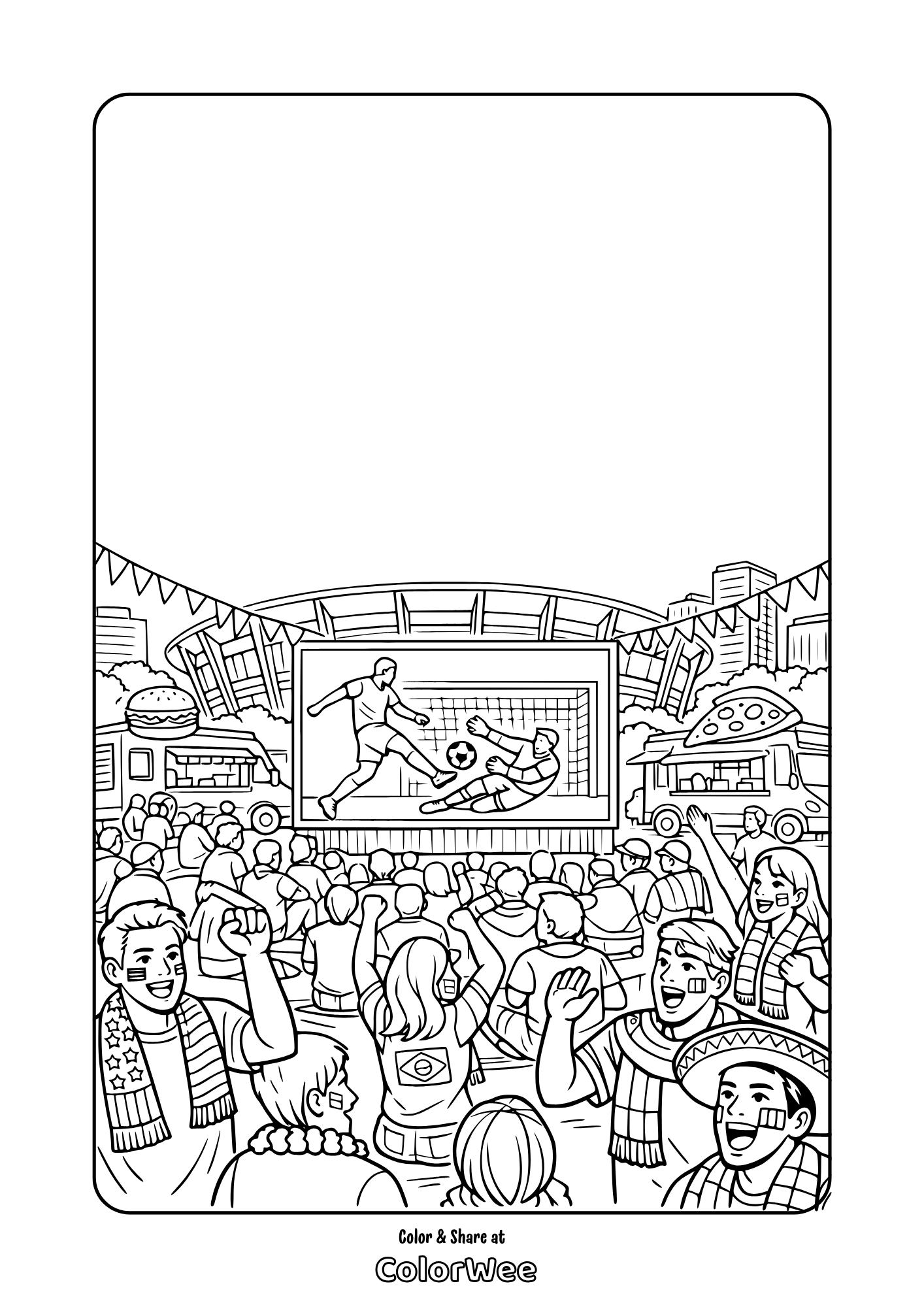 Soccer fans cheering at big screen match during FIFA match- stadium crowd coloring page