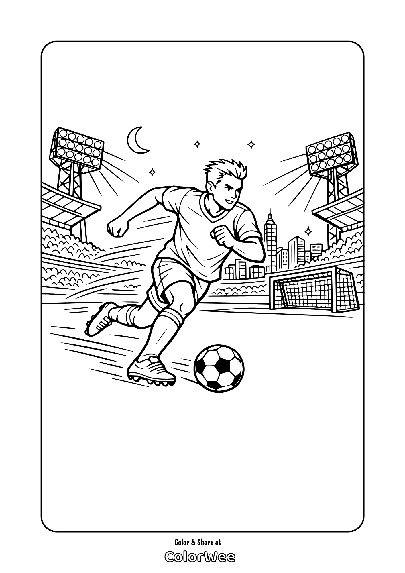 Soccer player dribbling to goal under stadium lights—printable coloring page