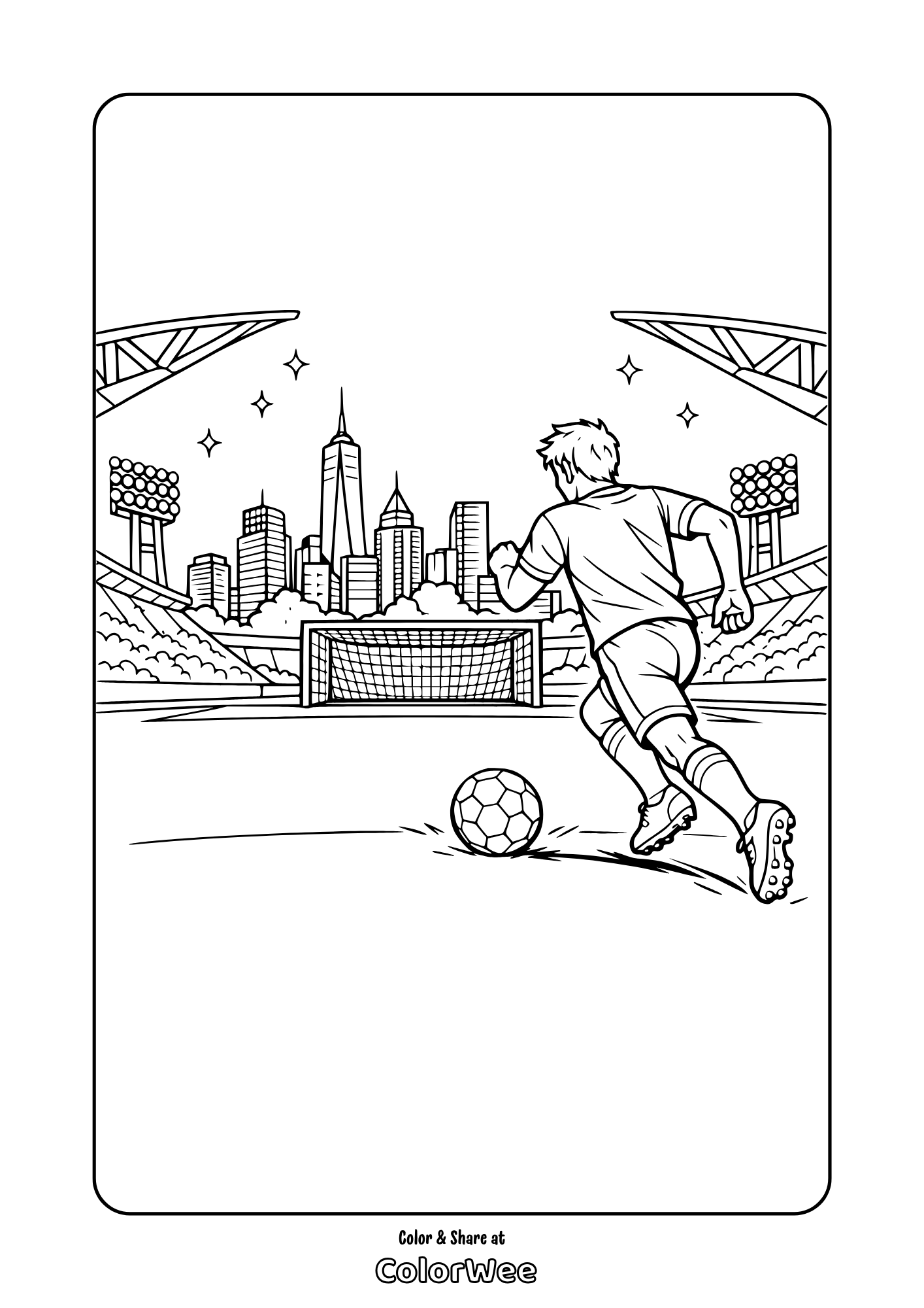 Soccer player kicking ball toward goal in stadium printable coloring page